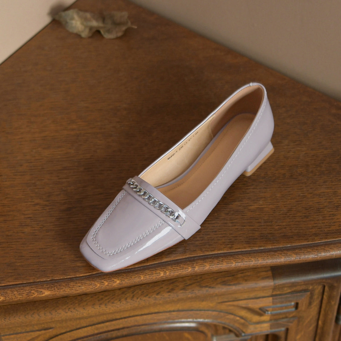 Nine Seven Women's Glossy Patent Leather Handmade Classic Square Toe Block Heel Comfortable Casual Pumps with Chain Decor