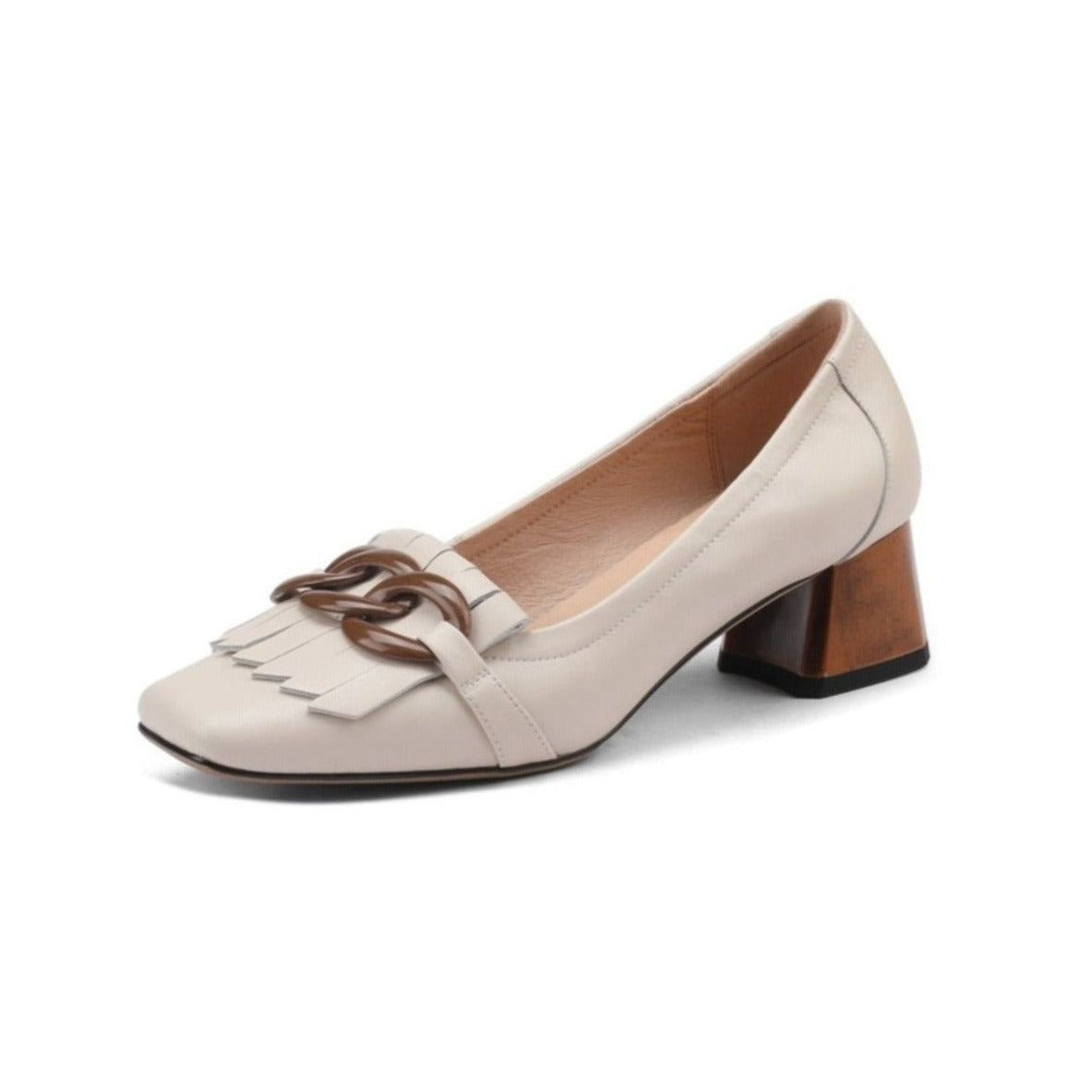 Nine Seven Women's Genuine Leather Square Handmade Tassels Chunky Heel Retro Loafers Shoes with Chain Decor