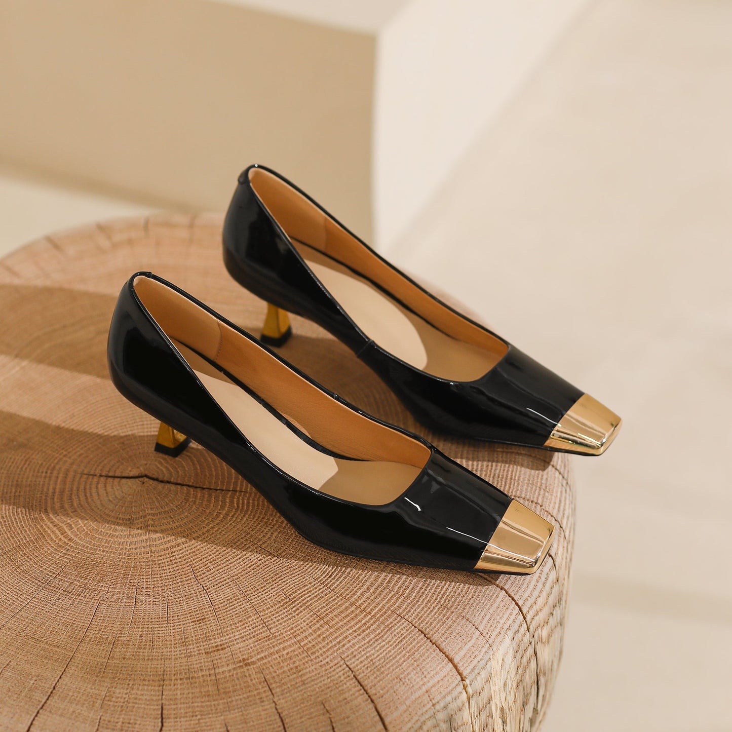 Nine Seven Handmade Cap Toe Women's Patent Leather Stiletto Mid Heel Stylish Pumps Shoes