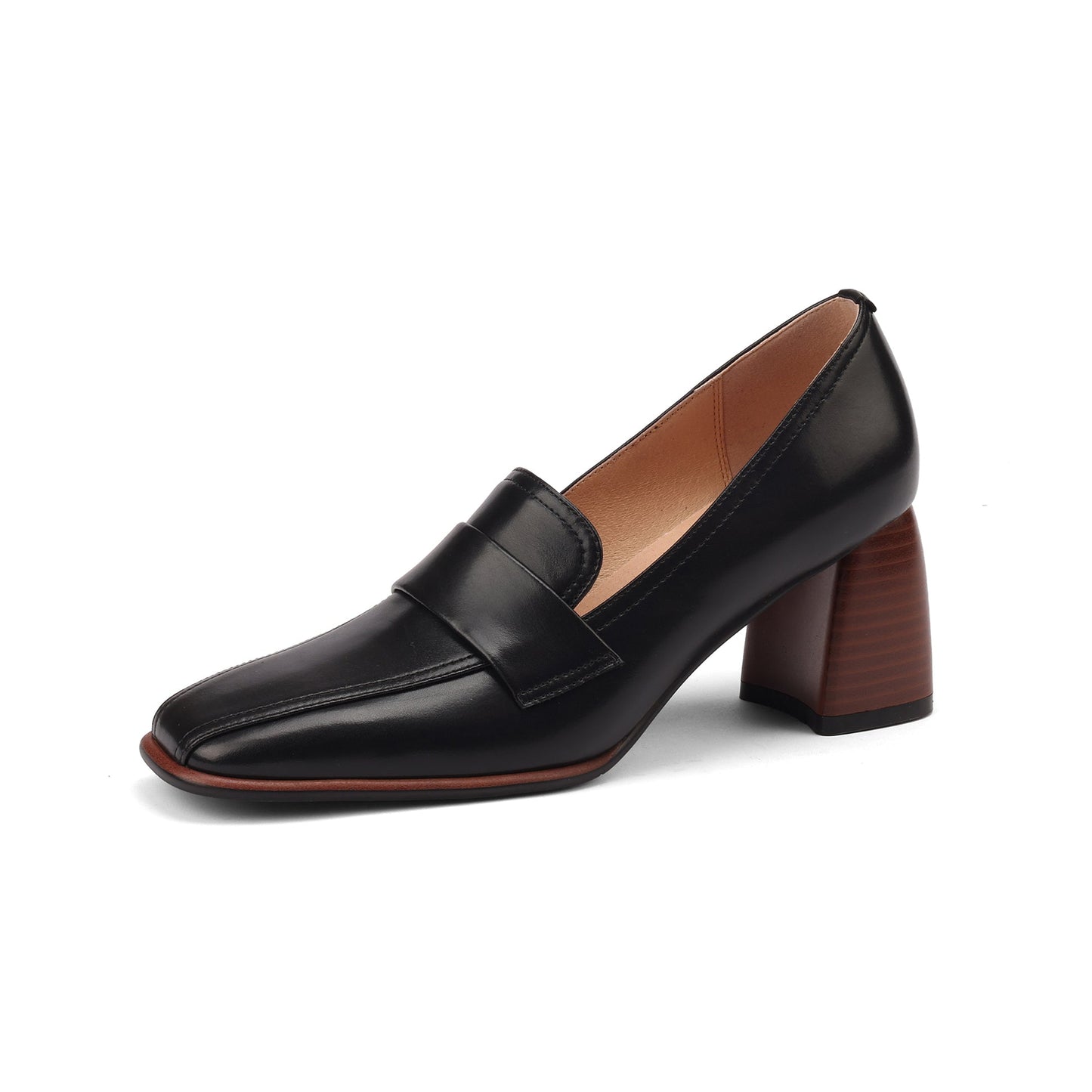 Nine Seven Women's Square Toe Handmade Genuine Leather Mid Chunky Heels Slip On Vintage Pumps Shoes