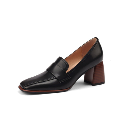 Nine Seven Women's Square Toe Handmade Genuine Leather Mid Chunky Heels Slip On Vintage Pumps Shoes