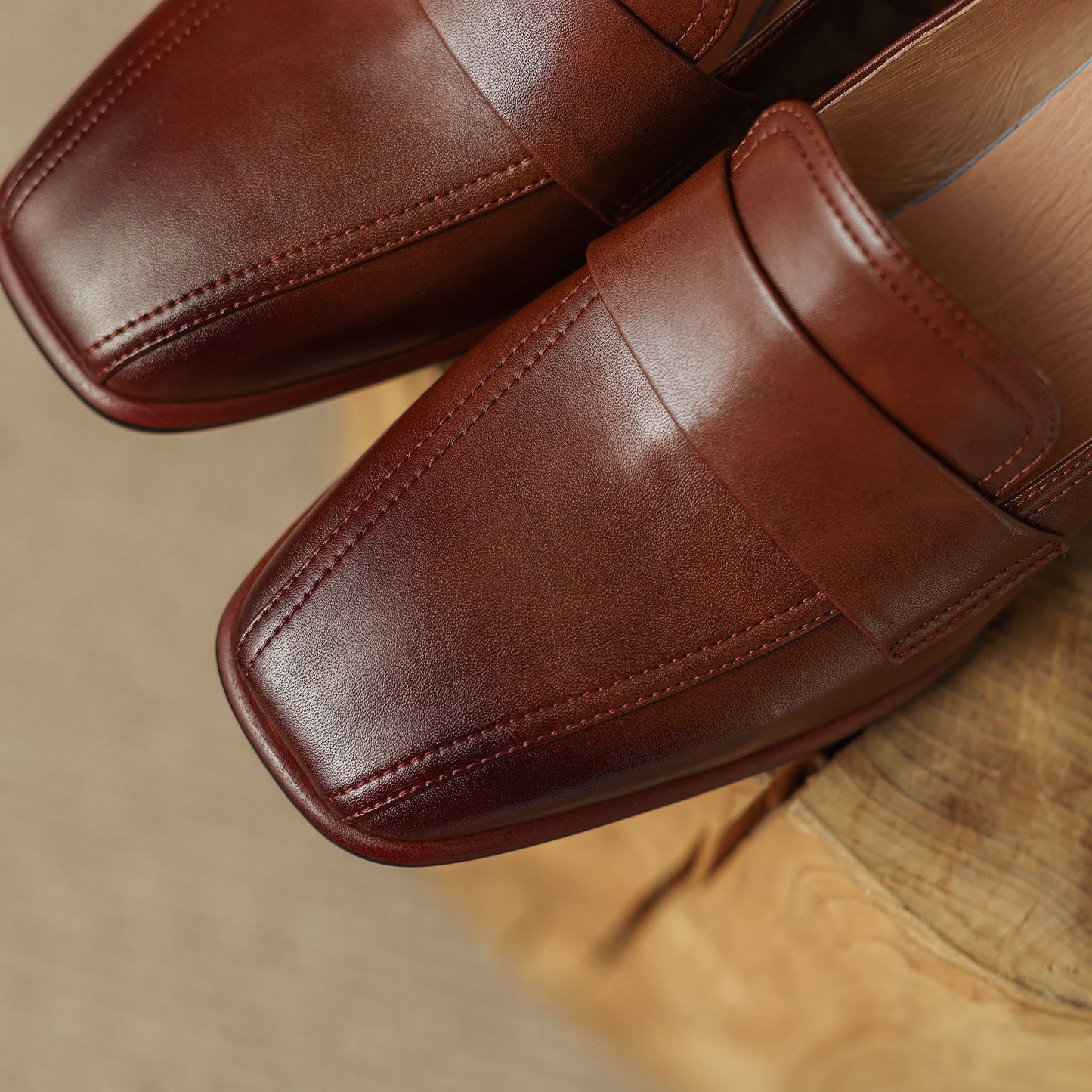 Nine Seven Women's Square Toe Handmade Genuine Leather Mid Chunky Heels Slip On Vintage Pumps Shoes