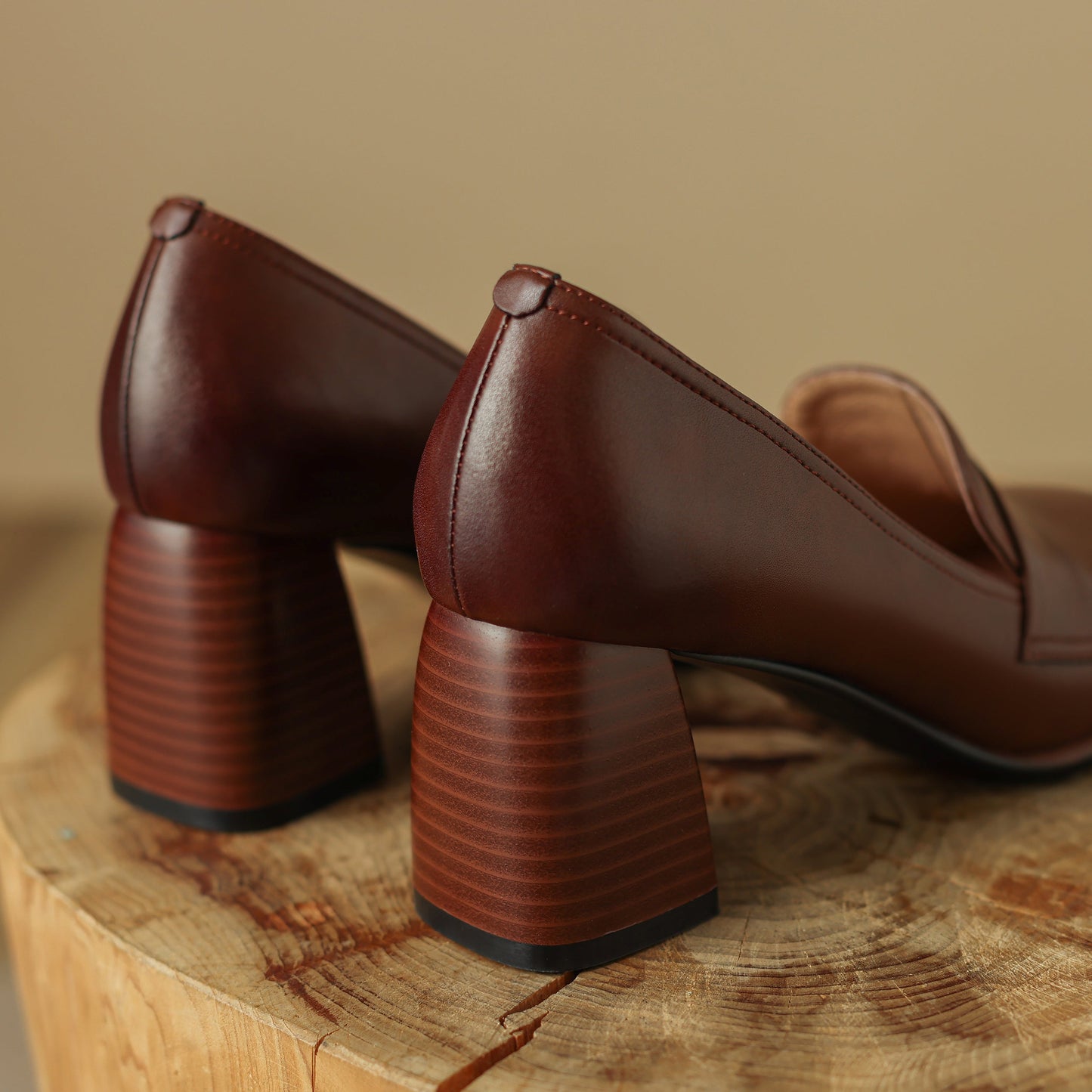 Nine Seven Women's Square Toe Handmade Genuine Leather Mid Chunky Heels Slip On Vintage Pumps Shoes