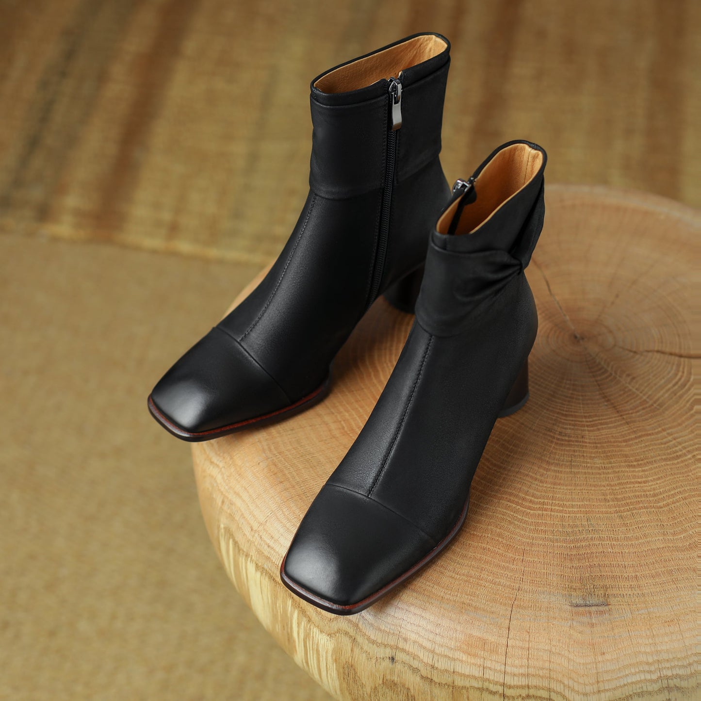 Nine Seven Handmade Women's Genuine Leather Bowknot Décor Side Zipper Square Toe Mid Chunky Heel Ankle Boots Shoes