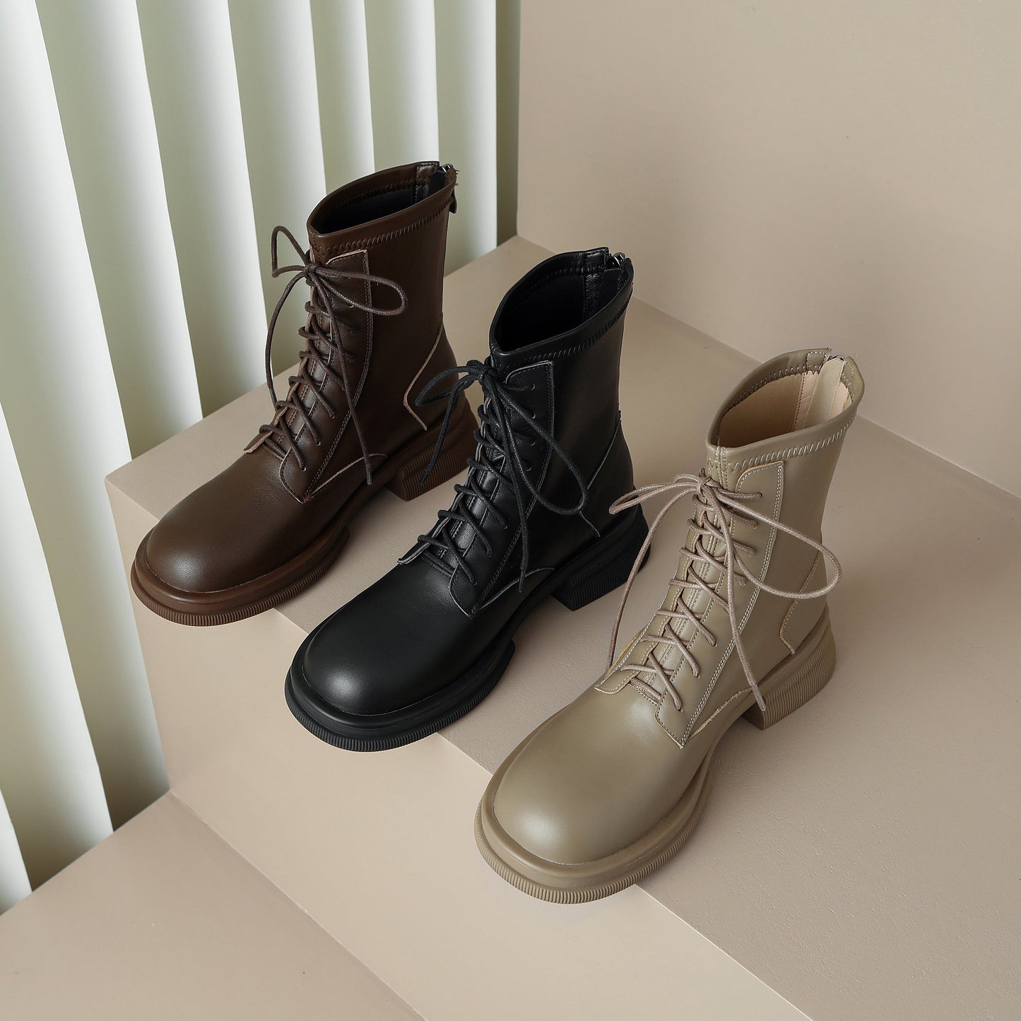 Nine Seven Women's Genuine Leather Round Toe Handmade Selftie Back Zip Up Chic Mid Calf Boots with Platform