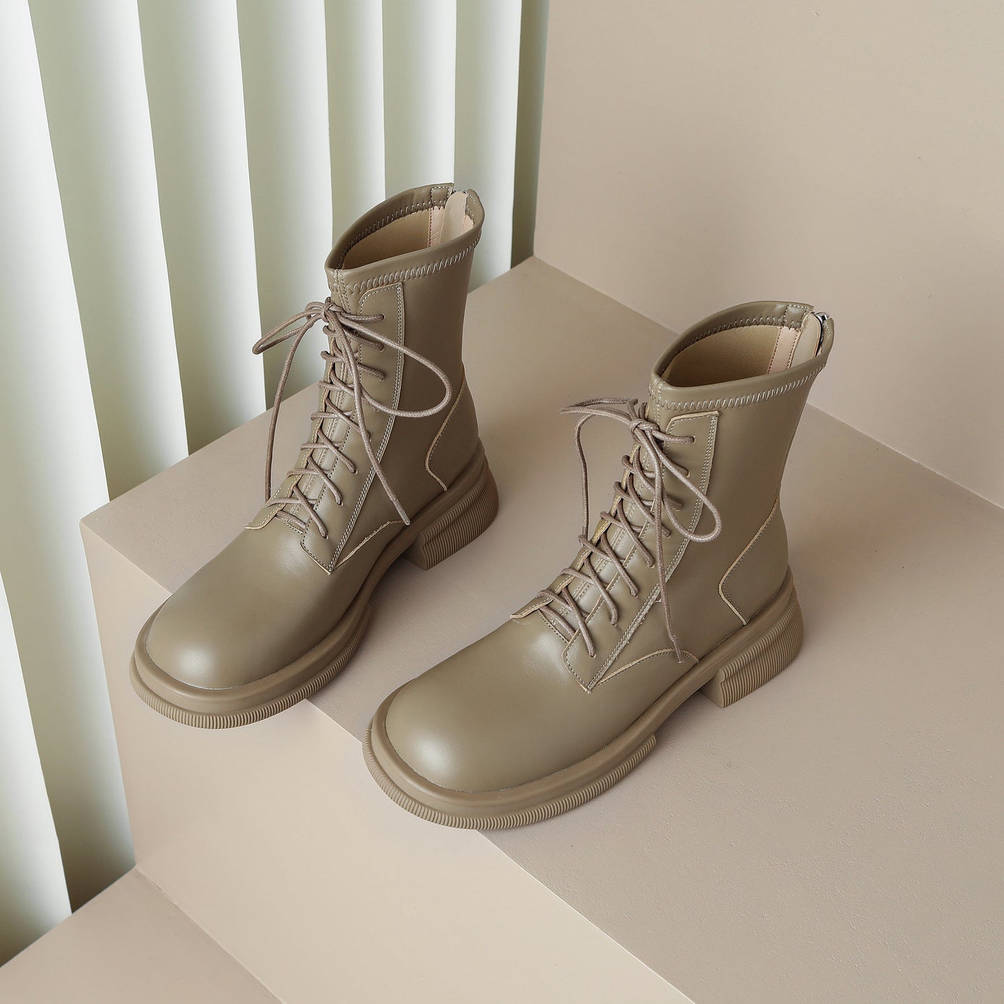 Nine Seven Women's Genuine Leather Round Toe Handmade Selftie Back Zip Up Chic Mid Calf Boots with Platform