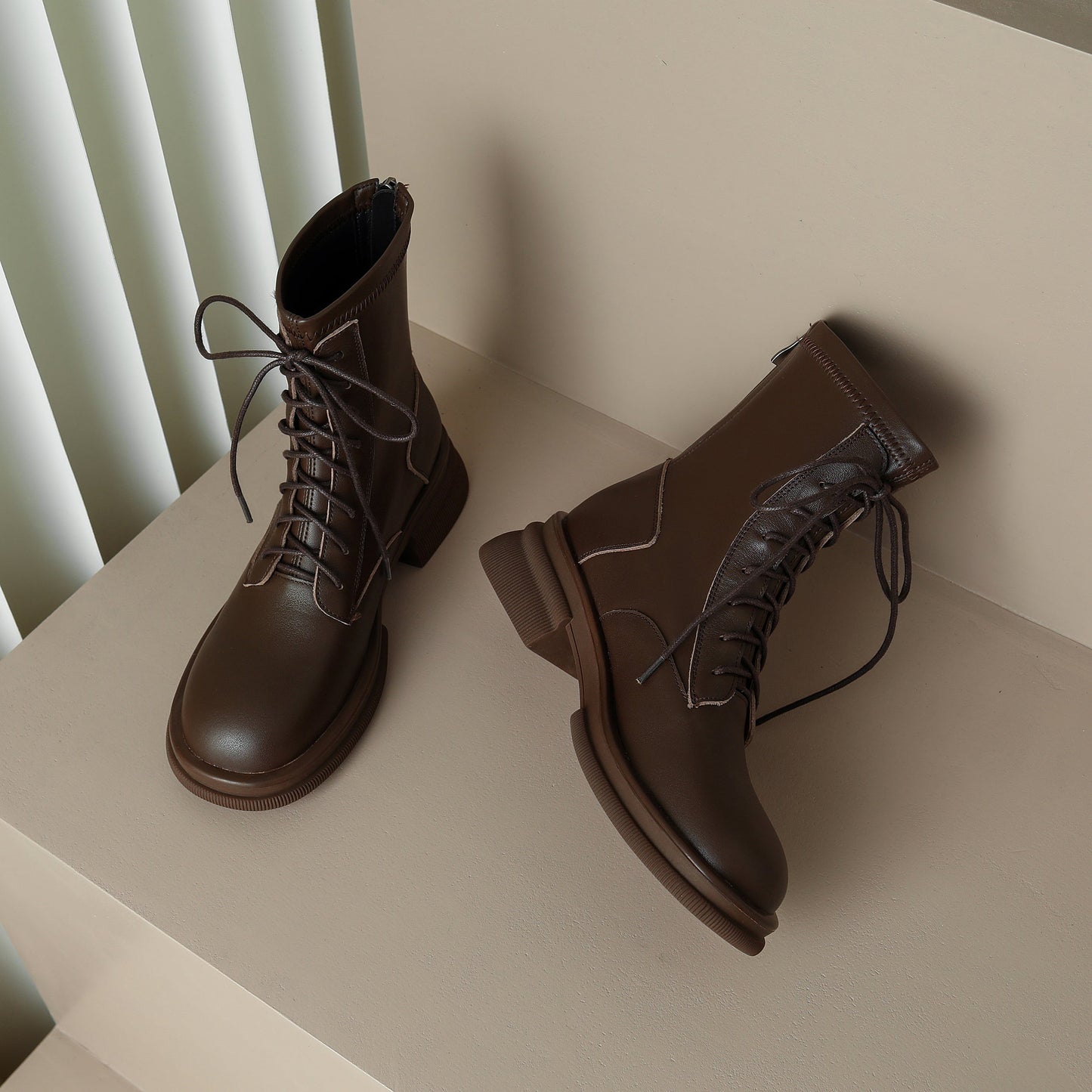 Nine Seven Women's Genuine Leather Round Toe Handmade Selftie Back Zip Up Chic Mid Calf Boots with Platform