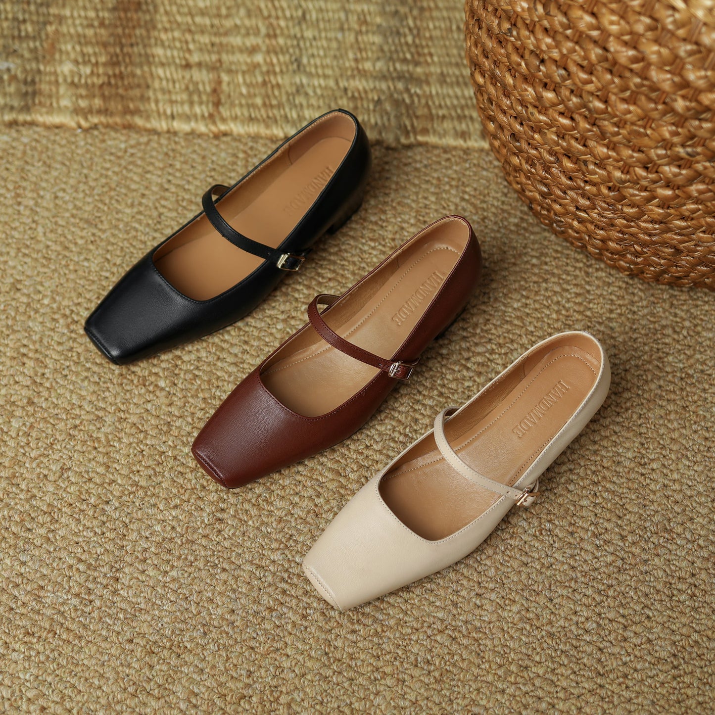 Nine Seven Women's Genuine Leather Handmade Square Toe Mid Heel Buckle Mary Jane Dress Pumps