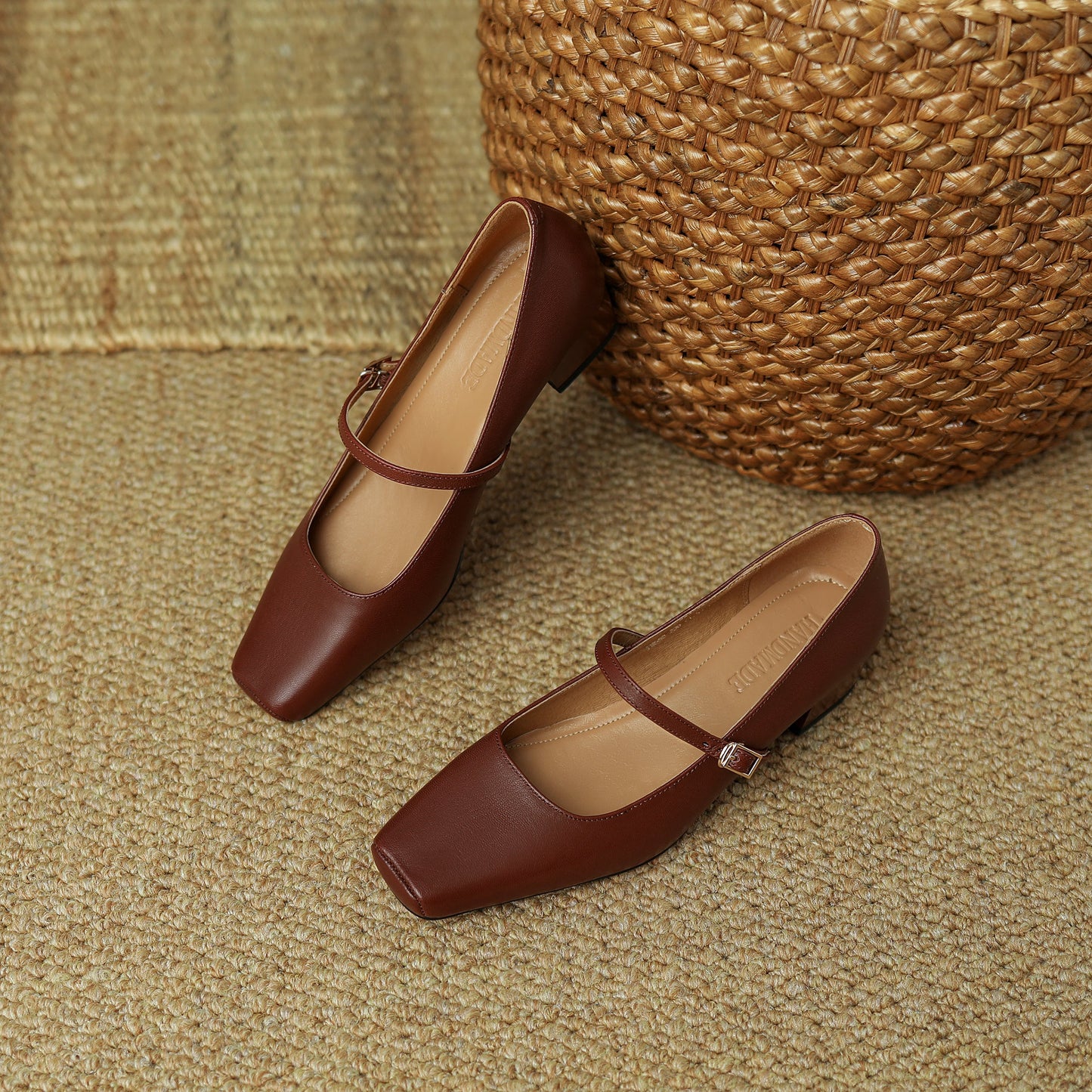 Nine Seven Women's Genuine Leather Handmade Square Toe Mid Heel Buckle Mary Jane Dress Pumps