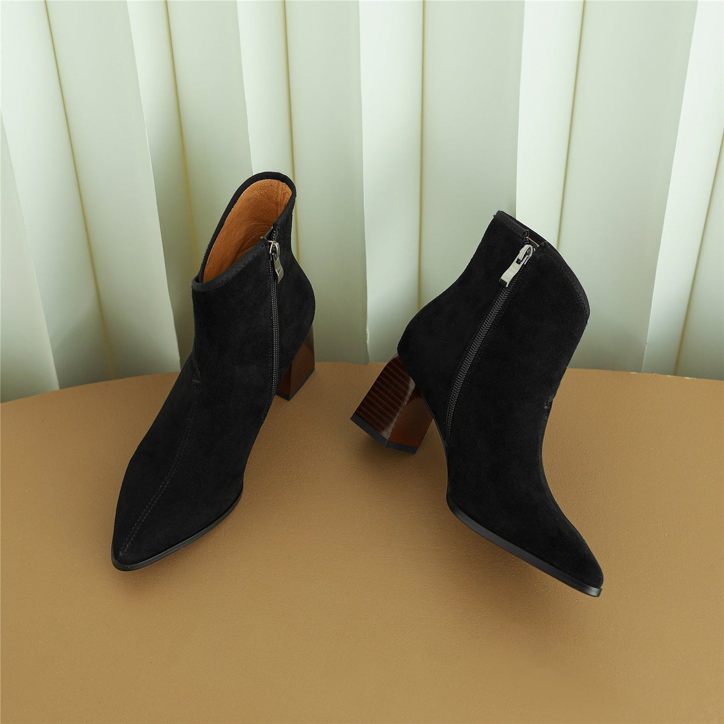 Nine Seven Handmade Women's Suede Leather Buckle Side Zipper Pointed Toe Mid Chunky Heel Ankle Boots