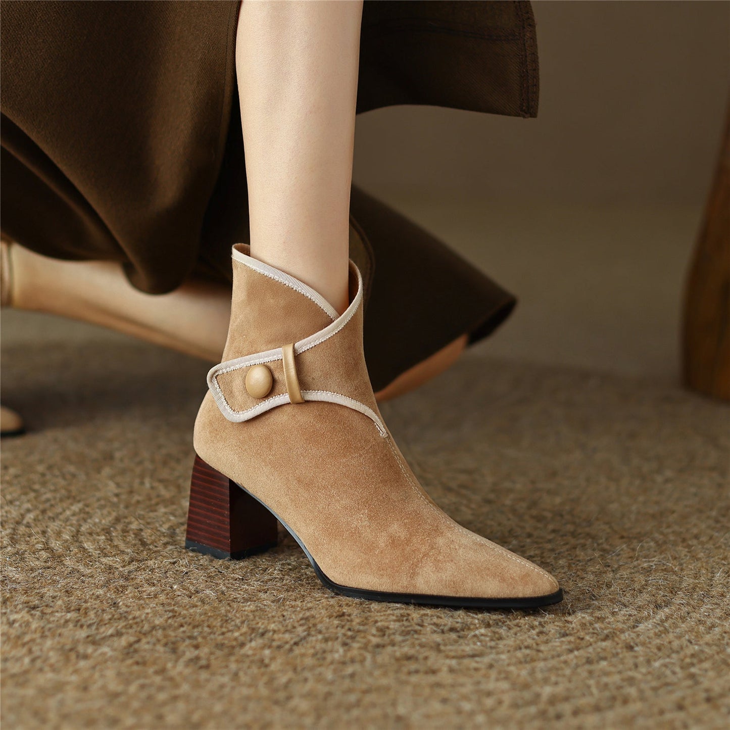 Nine Seven Handmade Women's Suede Leather Buckle Side Zipper Pointed Toe Mid Chunky Heel Ankle Boots