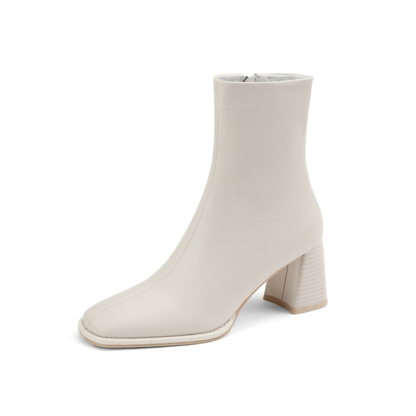 NIne Seven Women's Round Toe Genuine Leather Handmade Zipper Mid Chunky Heels Casual Mid-Calf Boots