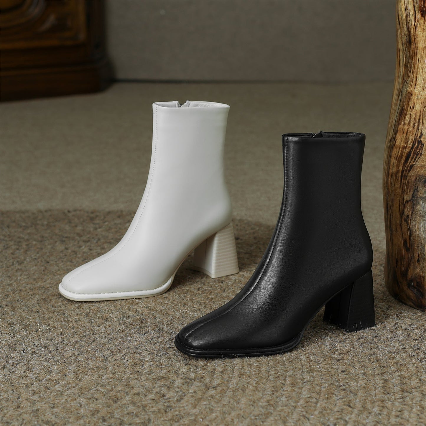 NIne Seven Women's Round Toe Genuine Leather Handmade Zipper Mid Chunky Heels Casual Mid-Calf Boots