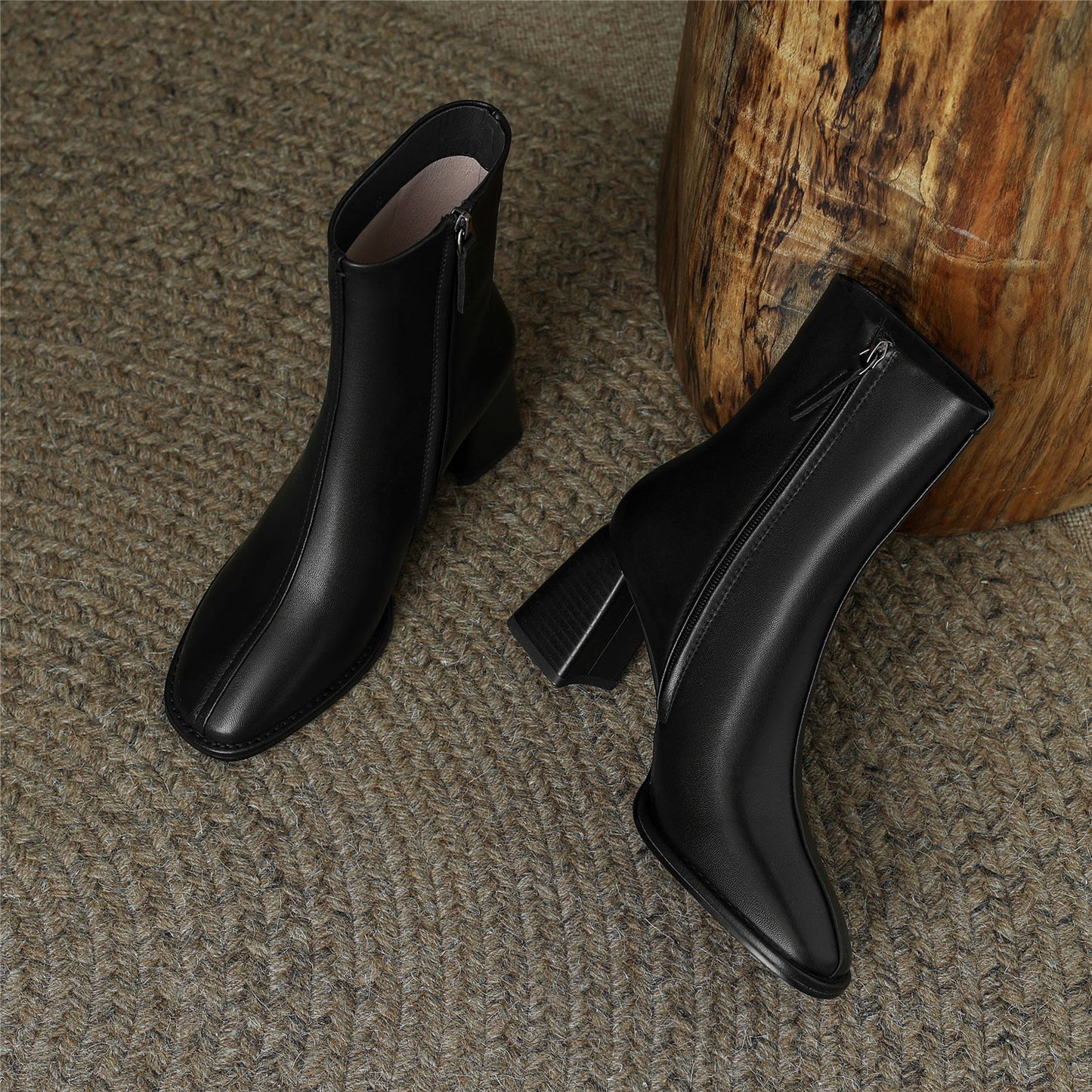 NIne Seven Women's Round Toe Genuine Leather Handmade Zipper Mid Chunky Heels Casual Mid-Calf Boots