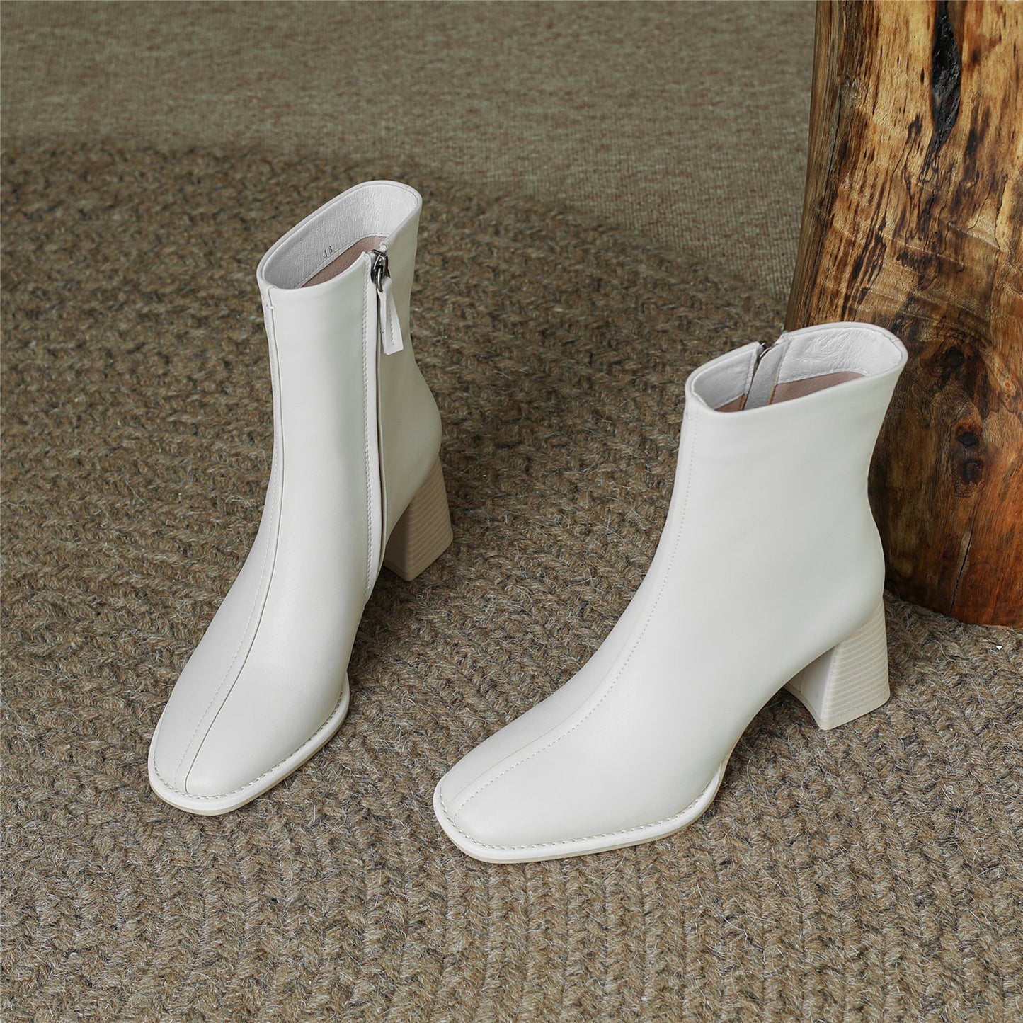 NIne Seven Women's Round Toe Genuine Leather Handmade Zipper Mid Chunky Heels Casual Mid-Calf Boots