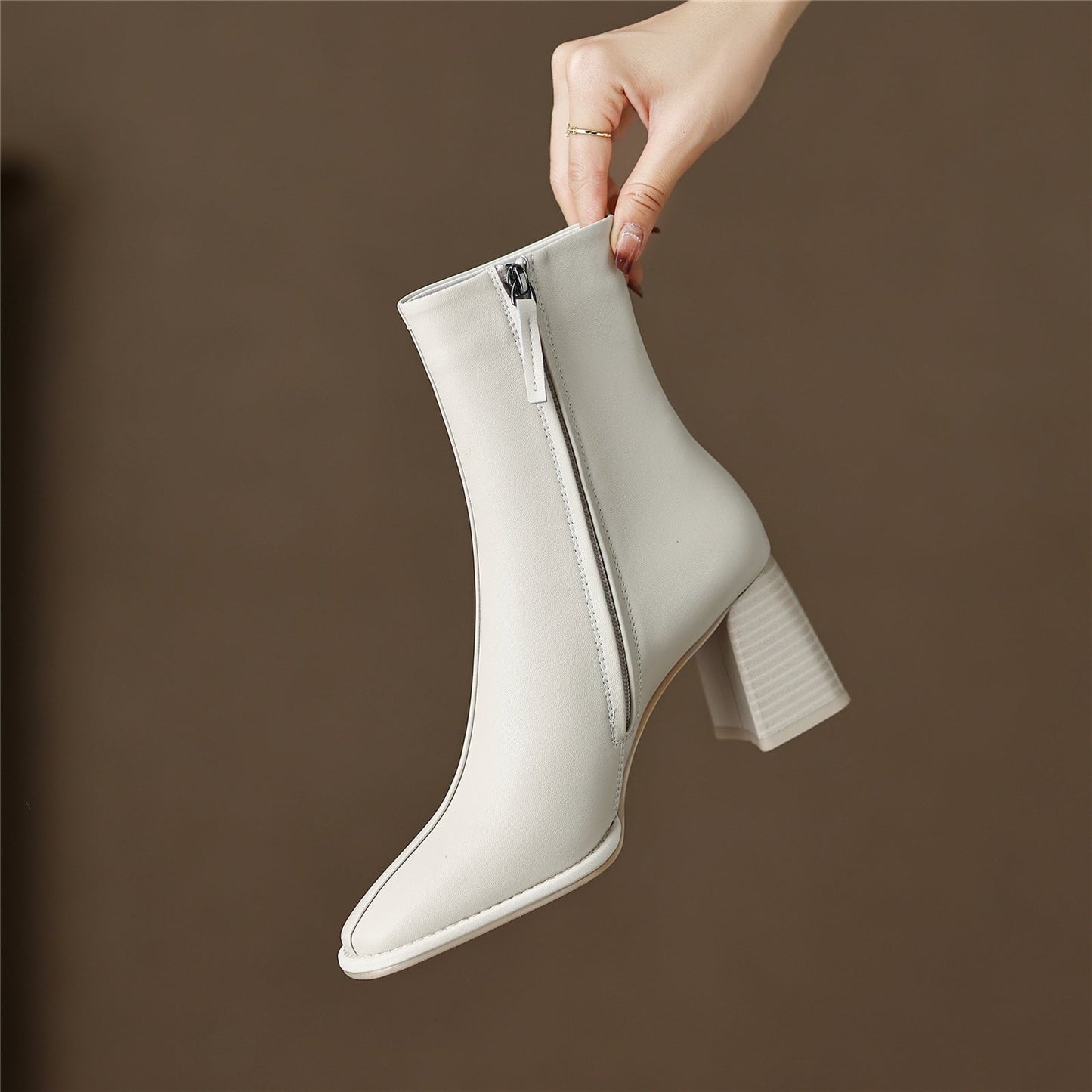 NIne Seven Women's Round Toe Genuine Leather Handmade Zipper Mid Chunky Heels Casual Mid-Calf Boots