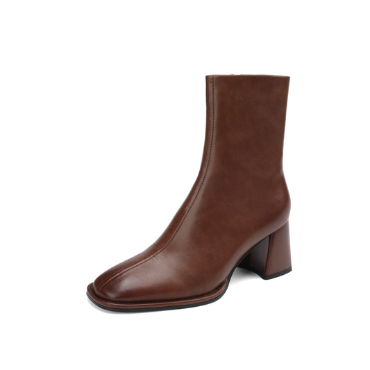 Nine Seven Handmade Women's Genuine Leather Sexy Square Toe Mid Block Heel Side Zipper Casual