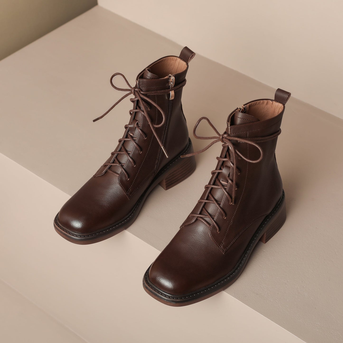 Nine Seven Handmade Women's Genuine Leather Front Lace Up Round Toe Low Chunky Heel Motorcycle Ankle Boots Shoes