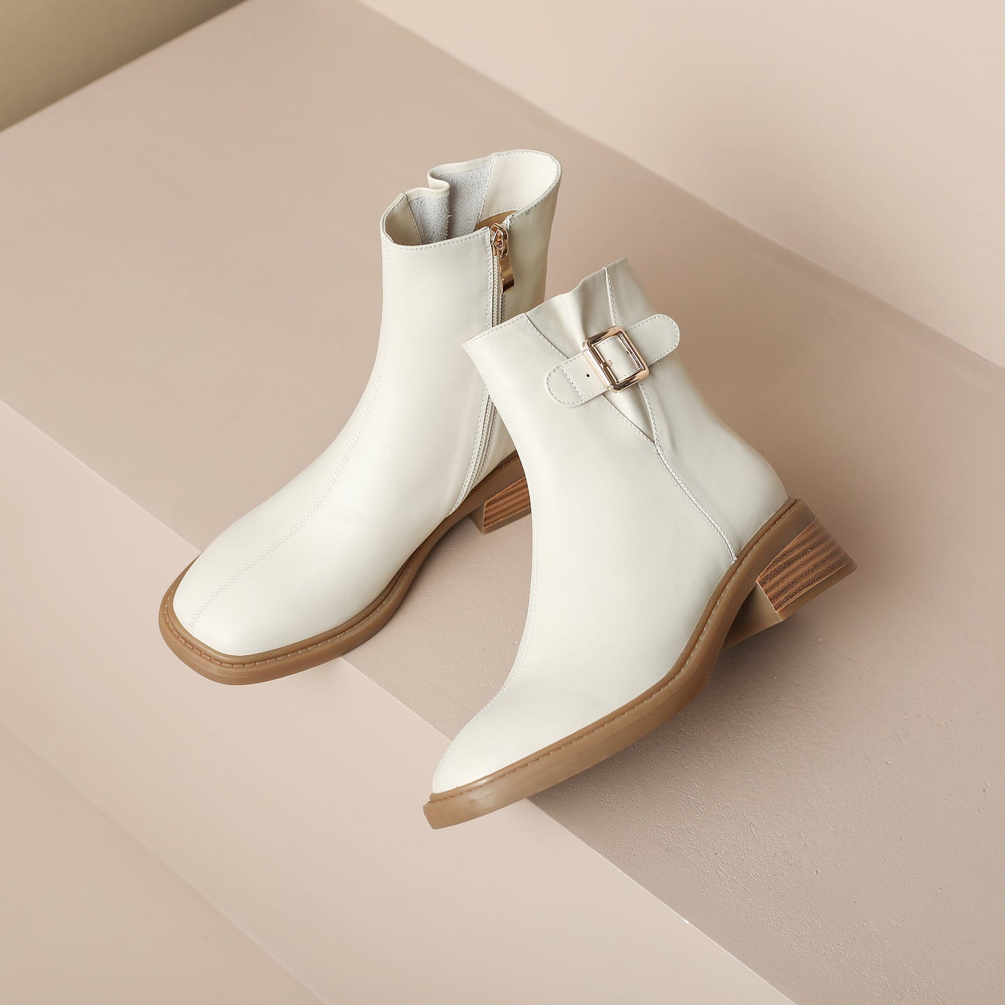 Nine Seven Handmade Women's Genuine Leather Ankle Buckle Design Square Toe Low Block Heel Side Zipper Ankle Boots Shoes