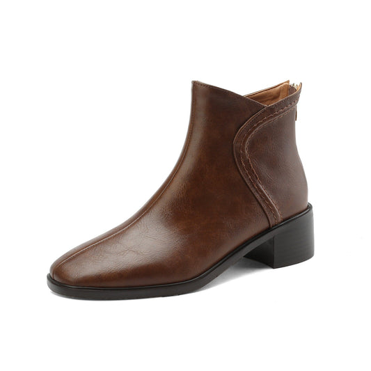 Nine Seven Women's Square Toe Genuine Leather Handmade Back Zipper Low Chunky Heels Vintage Ankle Boots