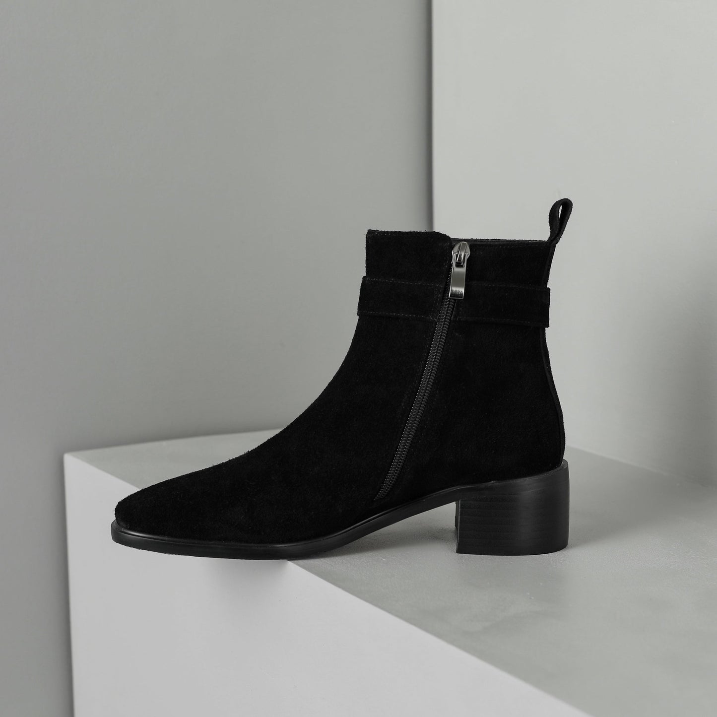 Nine Seven Women's Square Toe Suede Leather Handmade Buckle Side Zip Up Ankle Boots with Chunky Heels