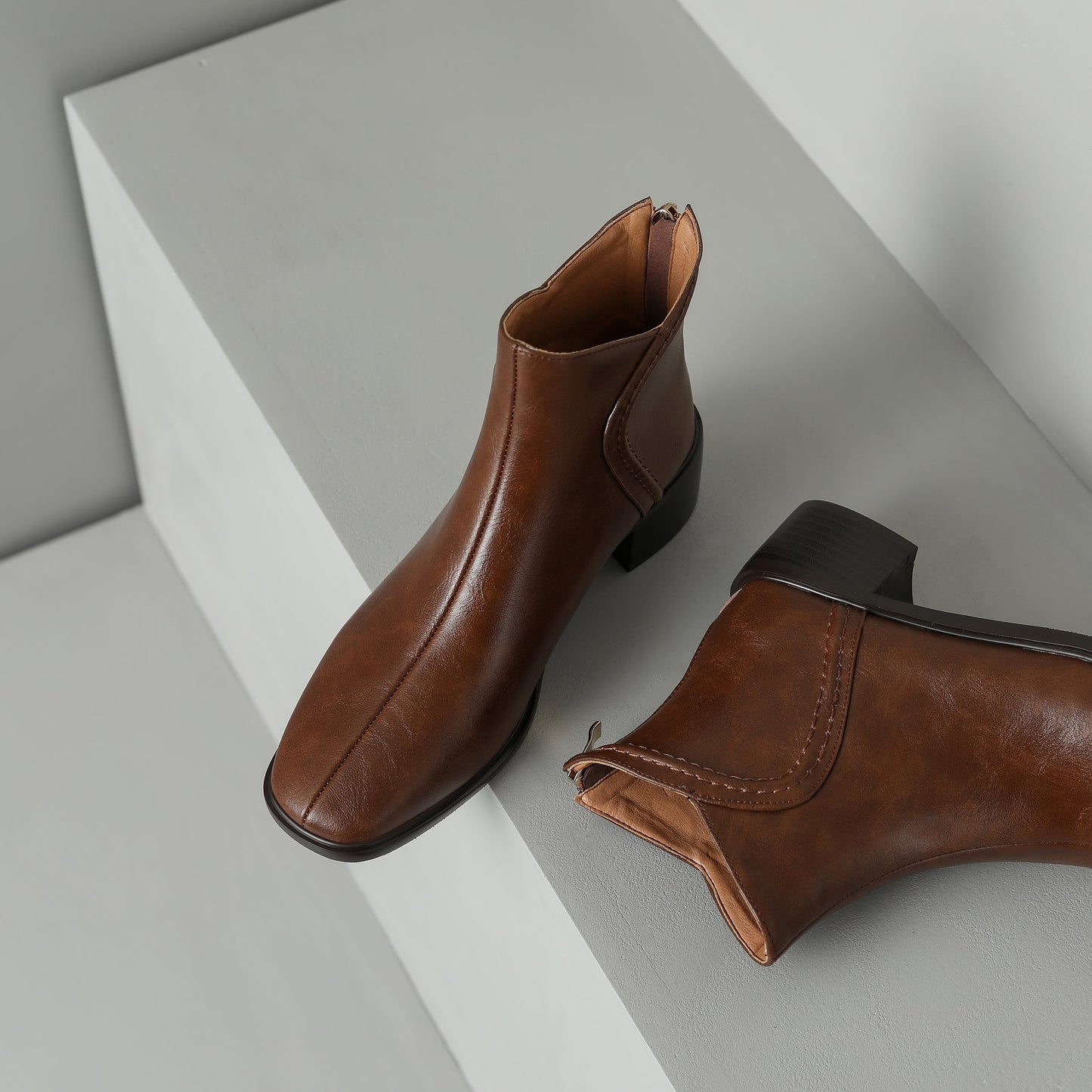 Nine Seven Women's Square Toe Genuine Leather Handmade Back Zipper Low Chunky Heels Vintage Ankle Boots