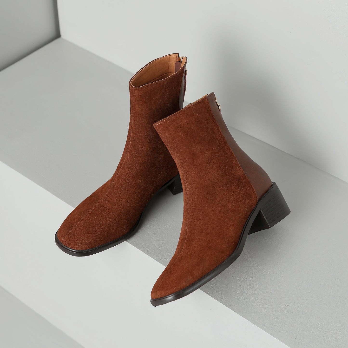 Nine Seven Women's Square Toe Suede&Genuine Leather Hnadmade Back Zipper Low Chunky Heels Casual Mid Calf Boots