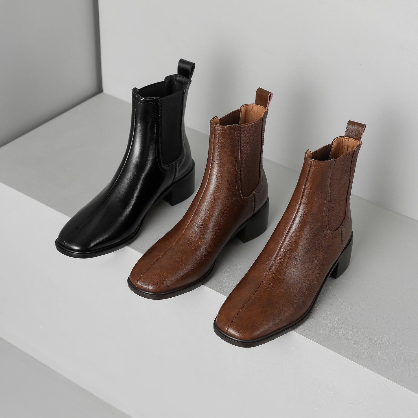 Nine Seven Women's Square Toe Genuine Leather Handmade Chunky Heels Slip On Trendy Ankle Boots