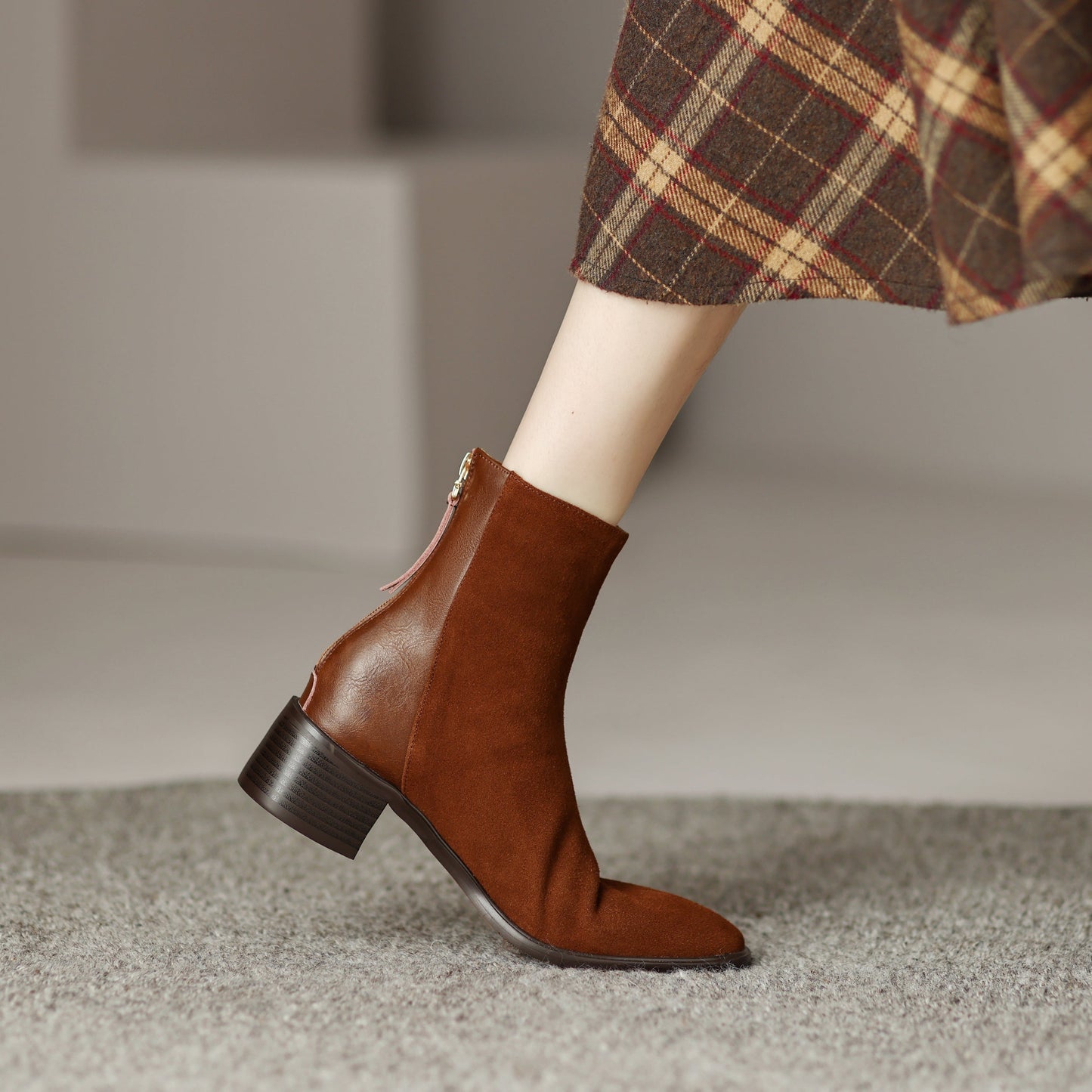 Nine Seven Women's Square Toe Suede&Genuine Leather Hnadmade Back Zipper Low Chunky Heels Casual Mid Calf Boots