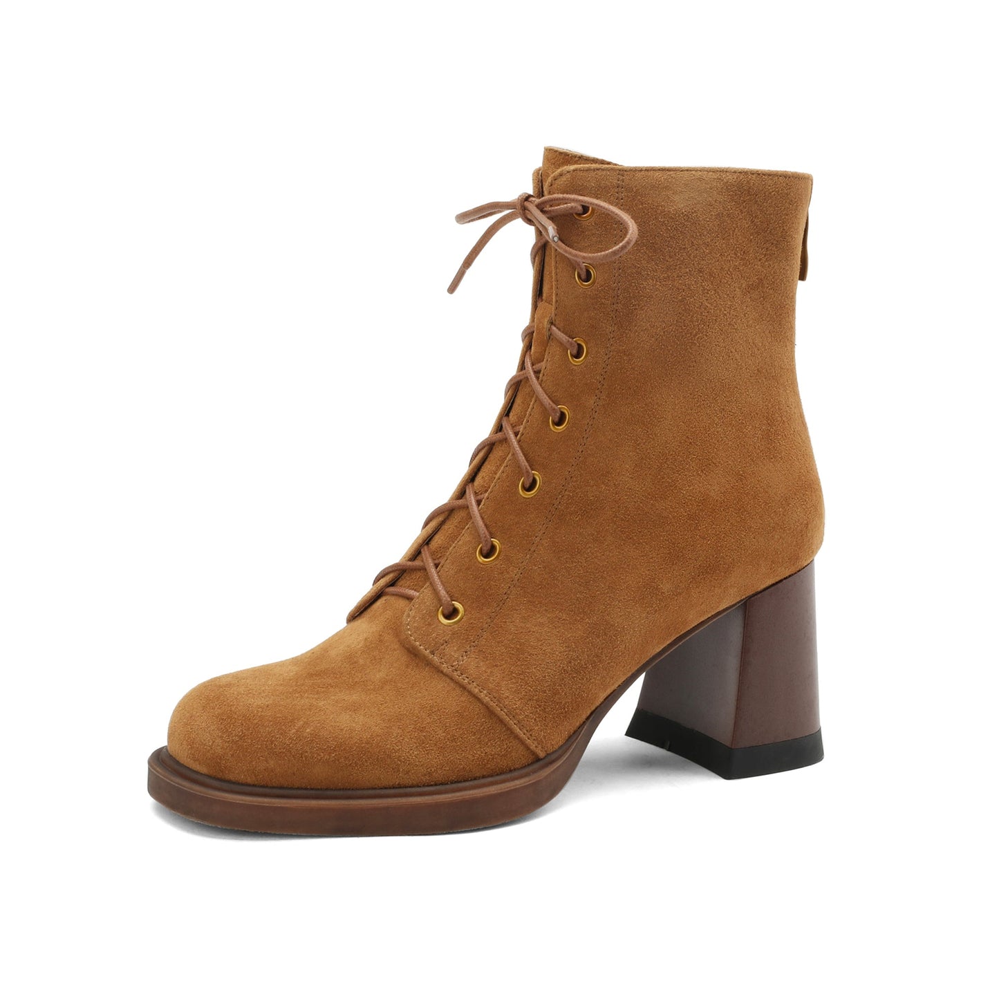 Nine Seven Handmade Women's Suede Leather Front Lace Up Round Toe Mid Chunky Heel Charming Ankle Boots