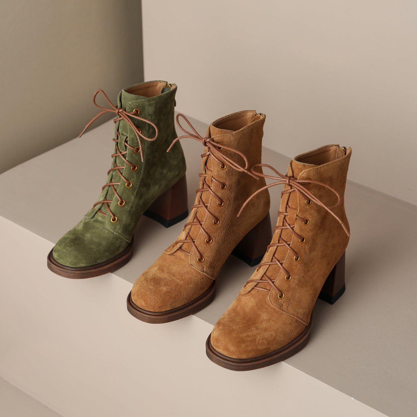 Nine Seven Handmade Women's Suede Leather Front Lace Up Round Toe Mid Chunky Heel Charming Ankle Boots