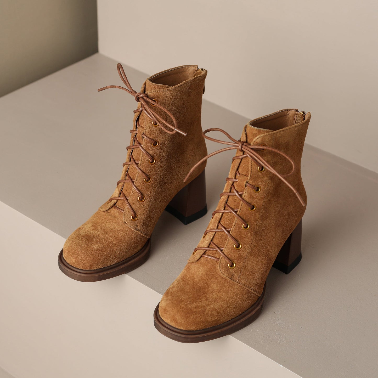 Nine Seven Handmade Women's Suede Leather Front Lace Up Round Toe Mid Chunky Heel Charming Ankle Boots