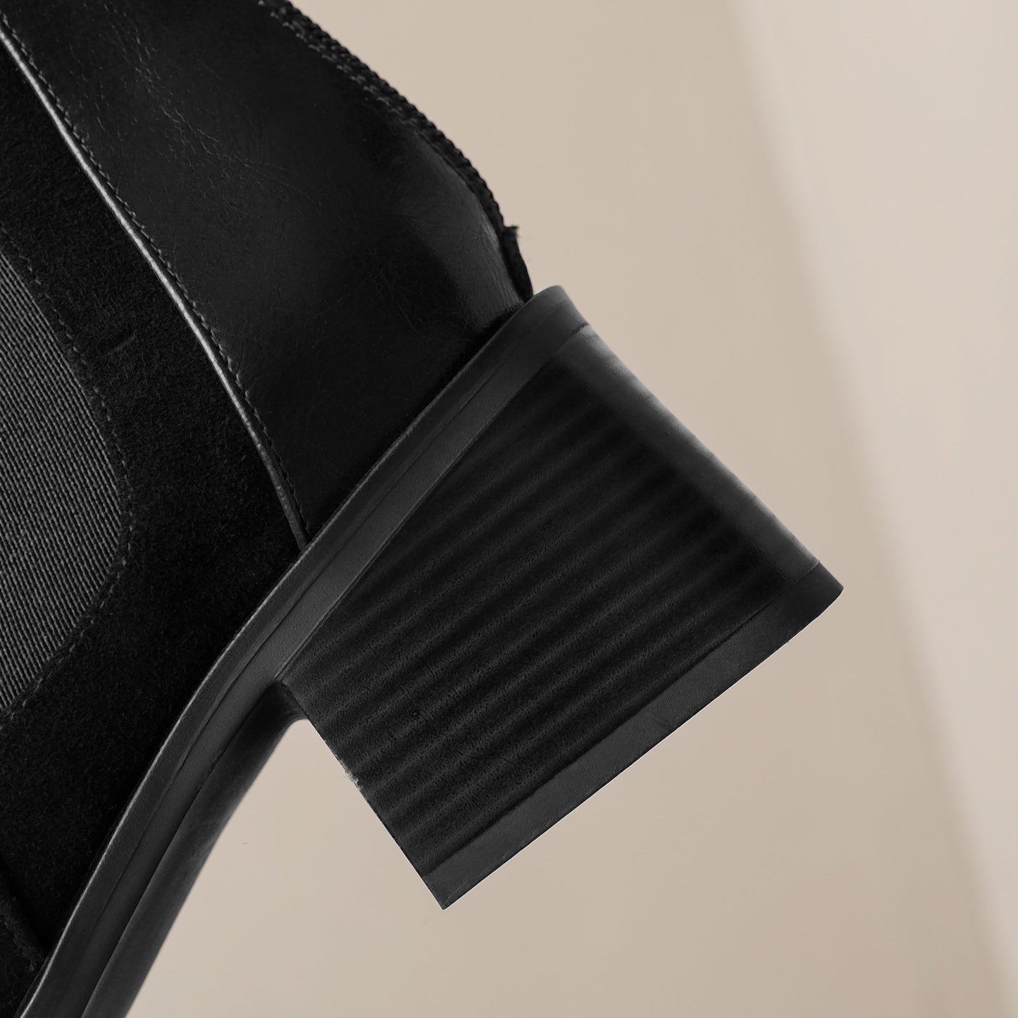 Nine Seven Handmade Women's Suede Leather Patchwork Stretch Back Zipper Square Toe Mid Chunky Heel Ankle Boots