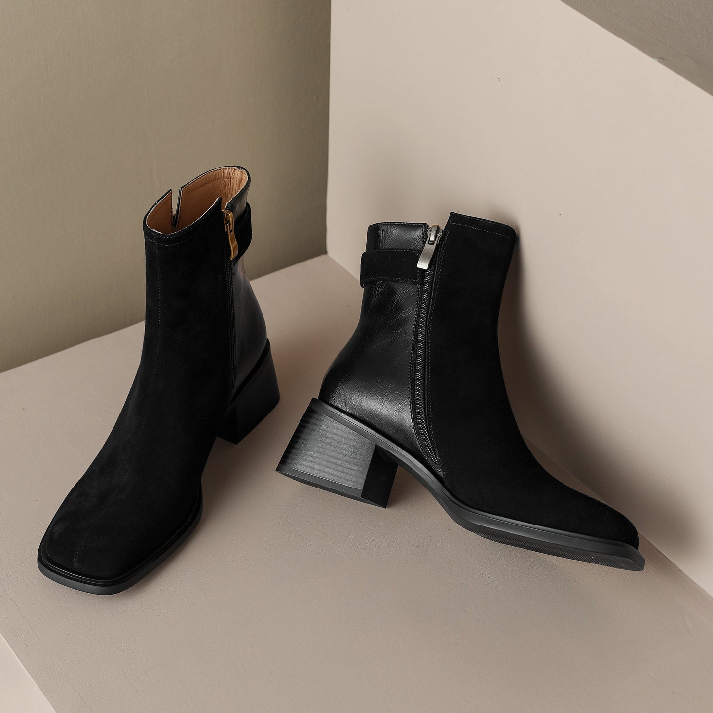 Nine Seven Women's Genuine Leather Round Toe Handmade Buckle Chunky Heels Side Zip Up Chic Ankle Boots