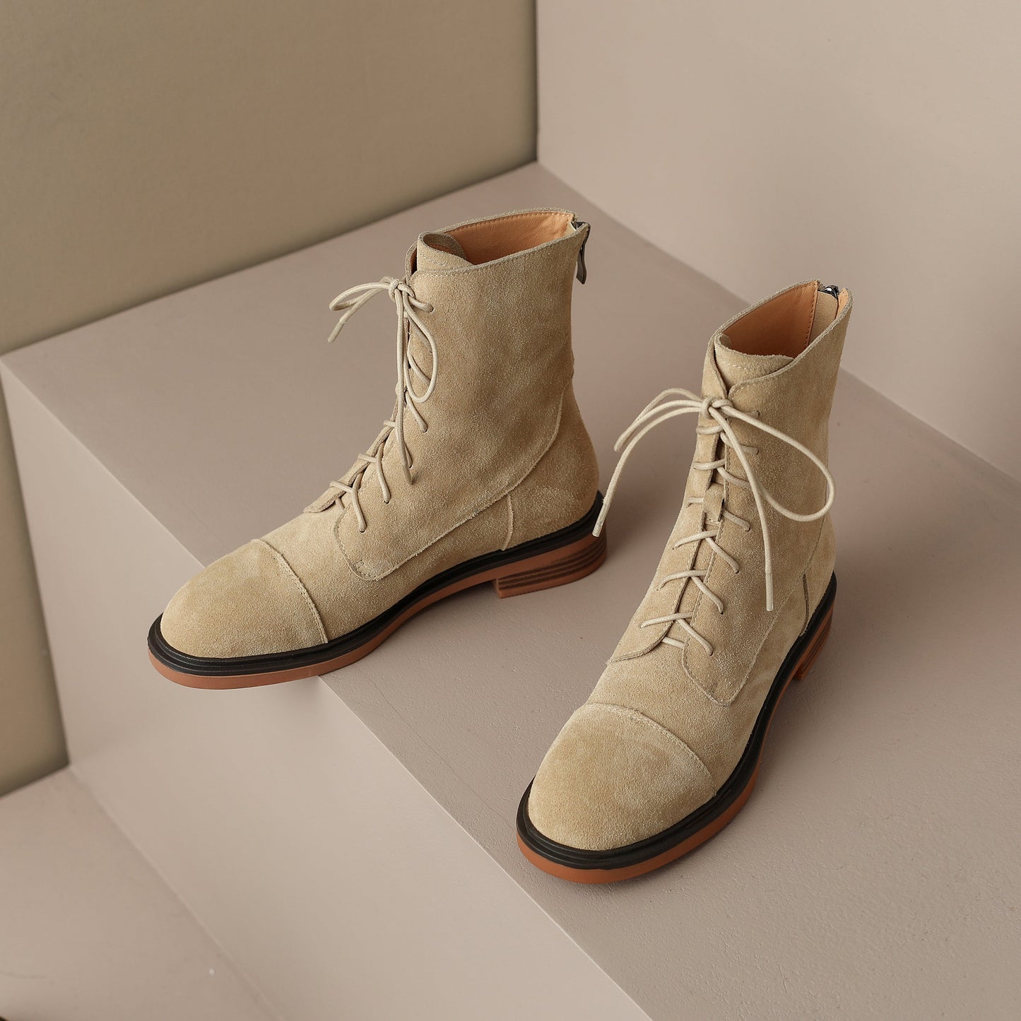 Nine Seven Handmade Women's Genuine Leather Back Zip Front Lace Up Round Toe Low Block Heel Boots