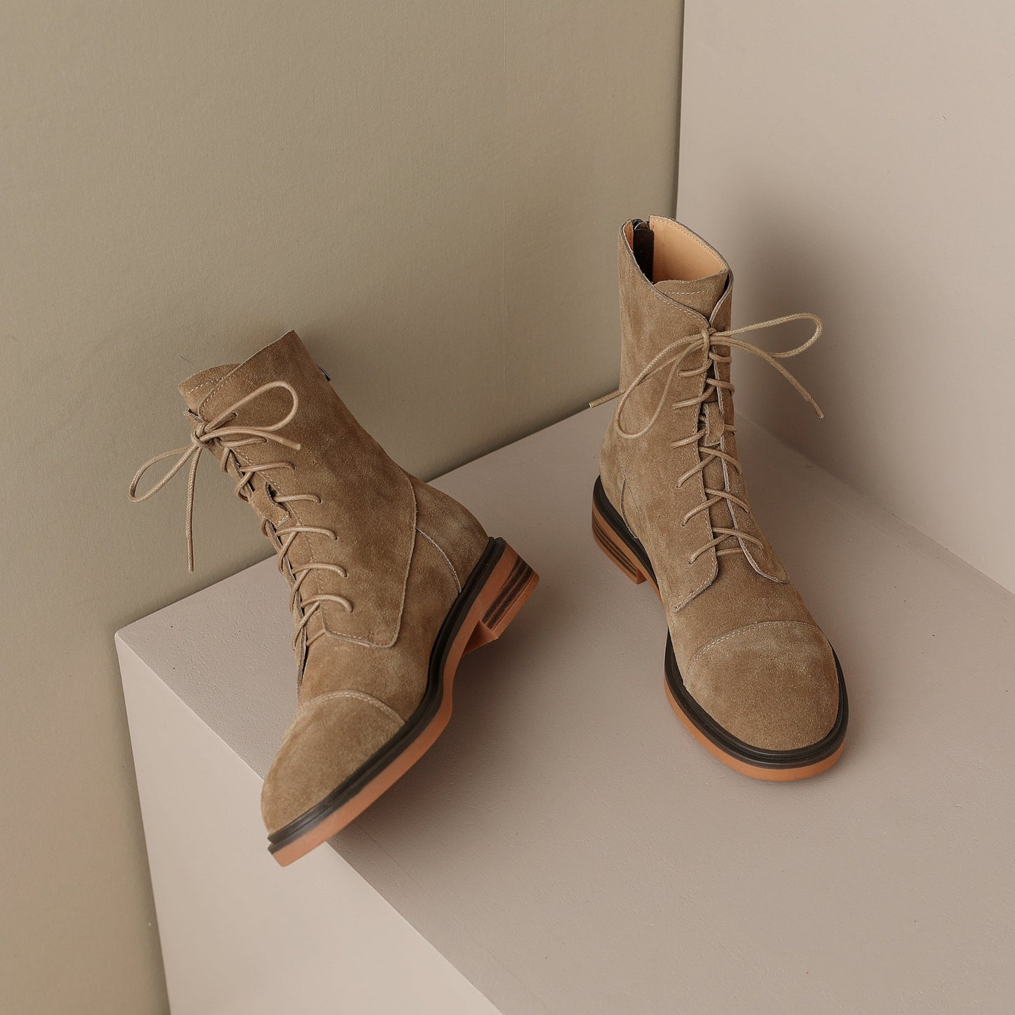 Nine Seven Handmade Women's Genuine Leather Back Zip Front Lace Up Round Toe Low Block Heel Boots