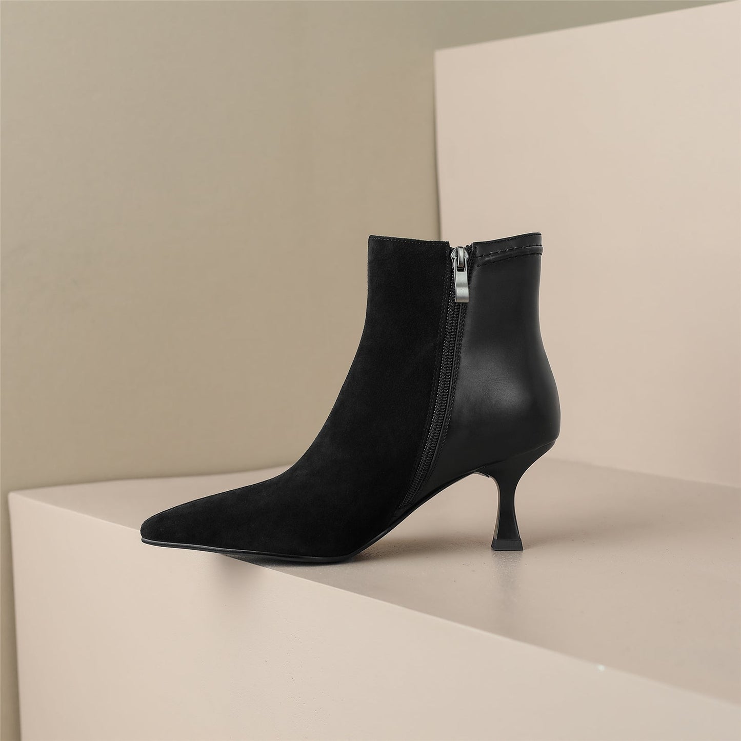 Nine Seven Handmade Women's Patchwork Leather Side Zipper Pointed Toe Sexy Kitten Heel Ankle Boots