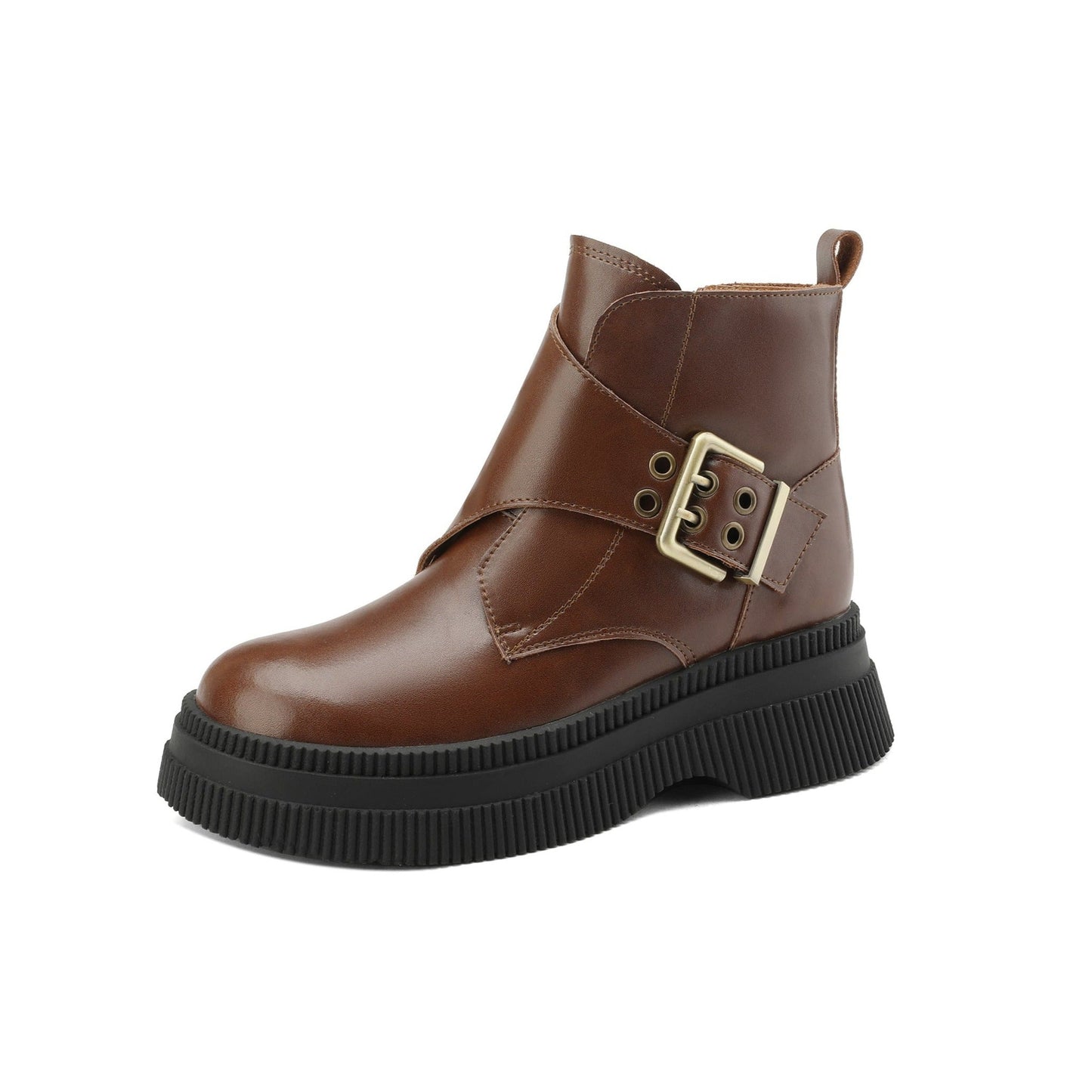 Nine Seven Handmade Women's Genuine Leather Side Zip Buckle Round Toe Low Block Heel Platform Boots