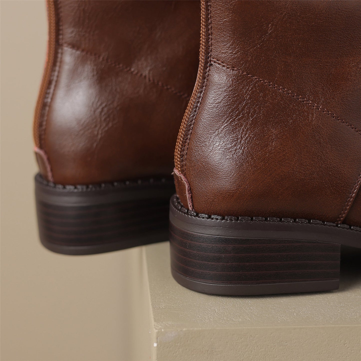 Nine Seven Handmade Women's Genuine Leather Back Zipper Round Toe Low Chunky Heel Selftie Ankle Boots