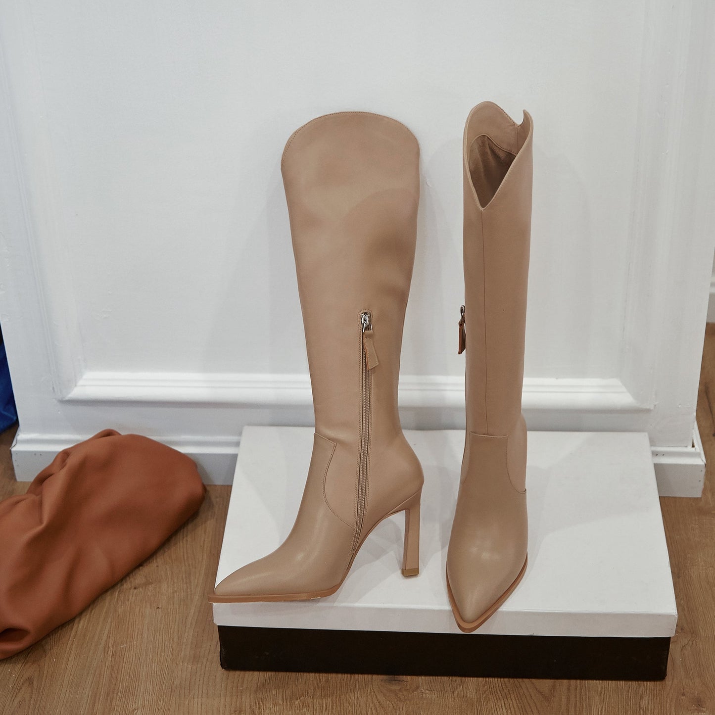 Nine Seven Women's Genuine Leather Pointed Toe Handmade Stiletto Heels Half Side Zipper Stylish Knee High Boots