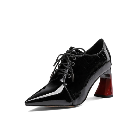 Nine Seven Patent Leather Women's Handmade Pointed Lace Up Toe High Spool Heel Side Zip Retro Pumps