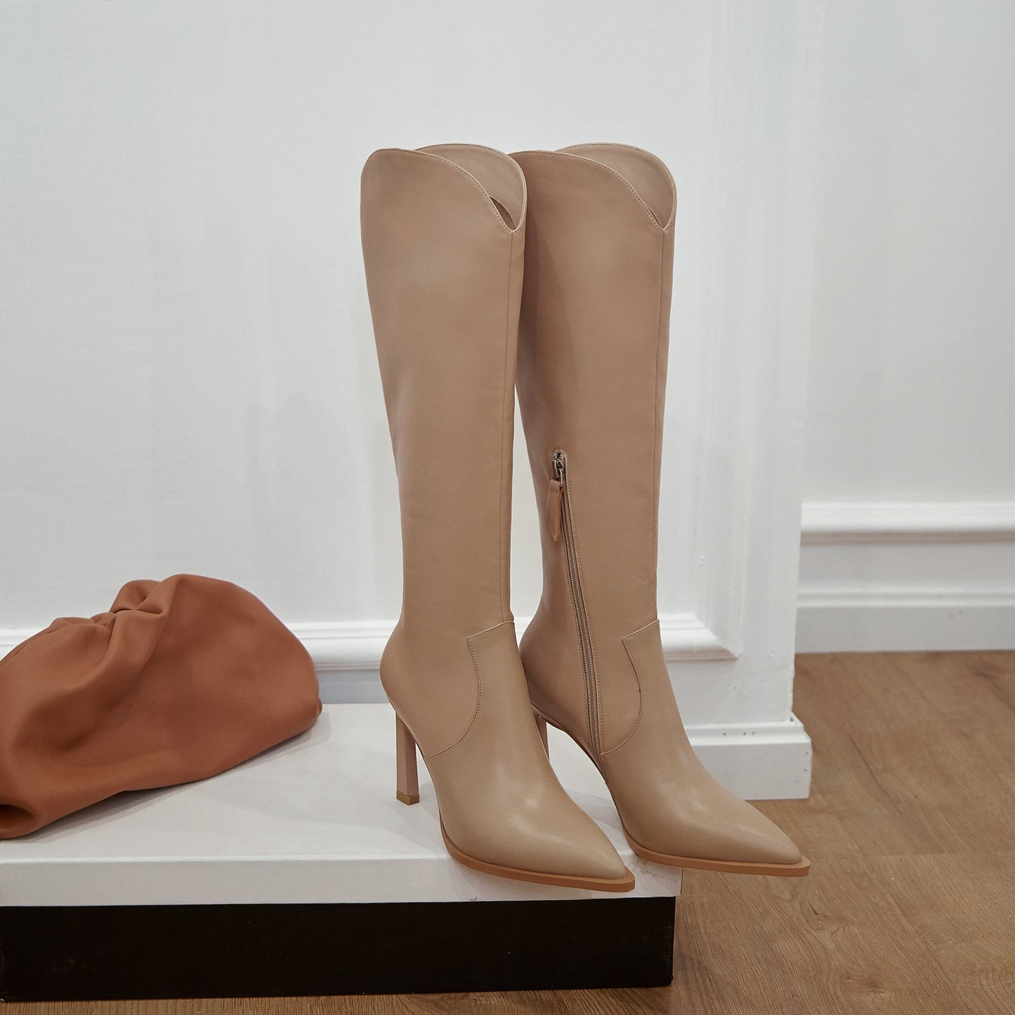 Nine Seven Women's Genuine Leather Pointed Toe Handmade Stiletto Heels Half Side Zipper Stylish Knee High Boots