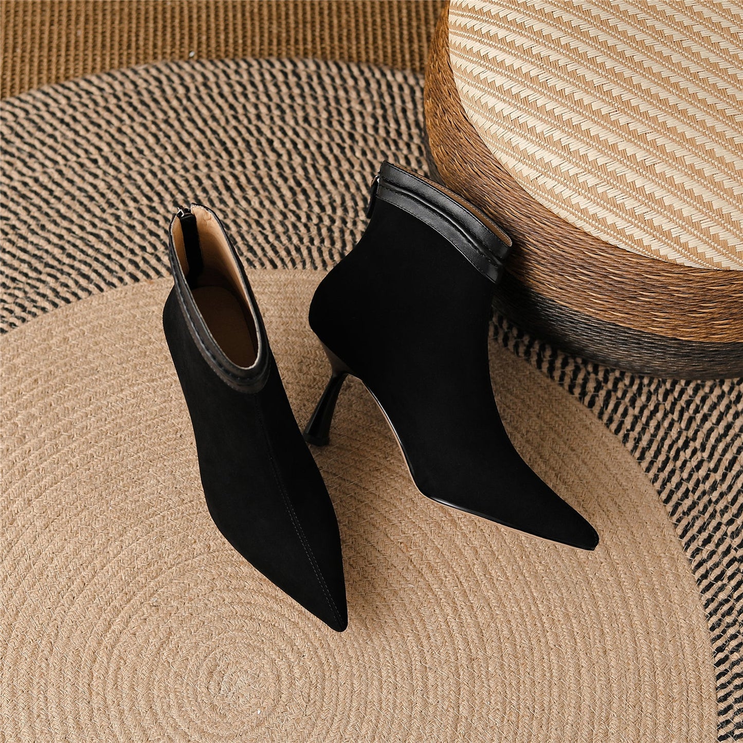 Nine Seven Handmade Women's Suede Leather Slip On Pointed Toe High Kittened Heel Back Zipper Ankle Boots