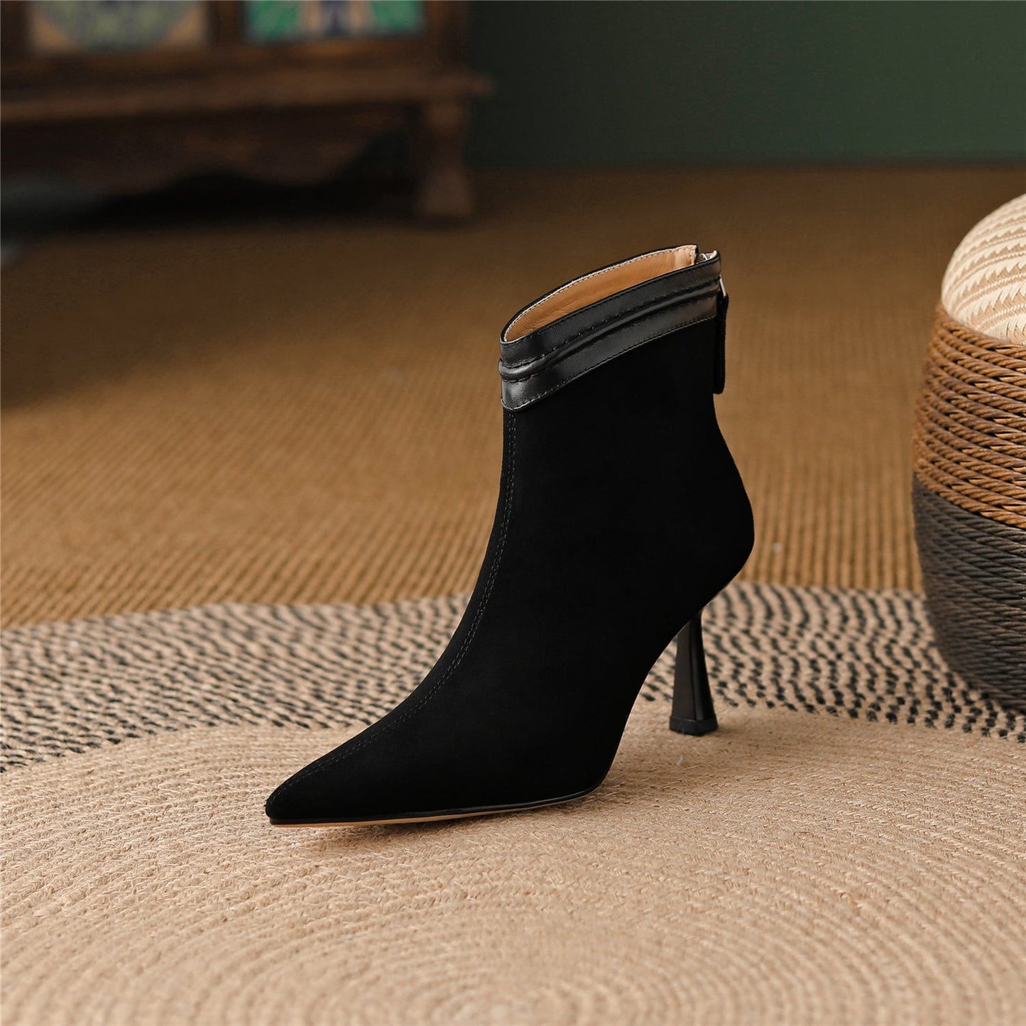 Nine Seven Handmade Women's Suede Leather Slip On Pointed Toe High Kittened Heel Back Zipper Ankle Boots