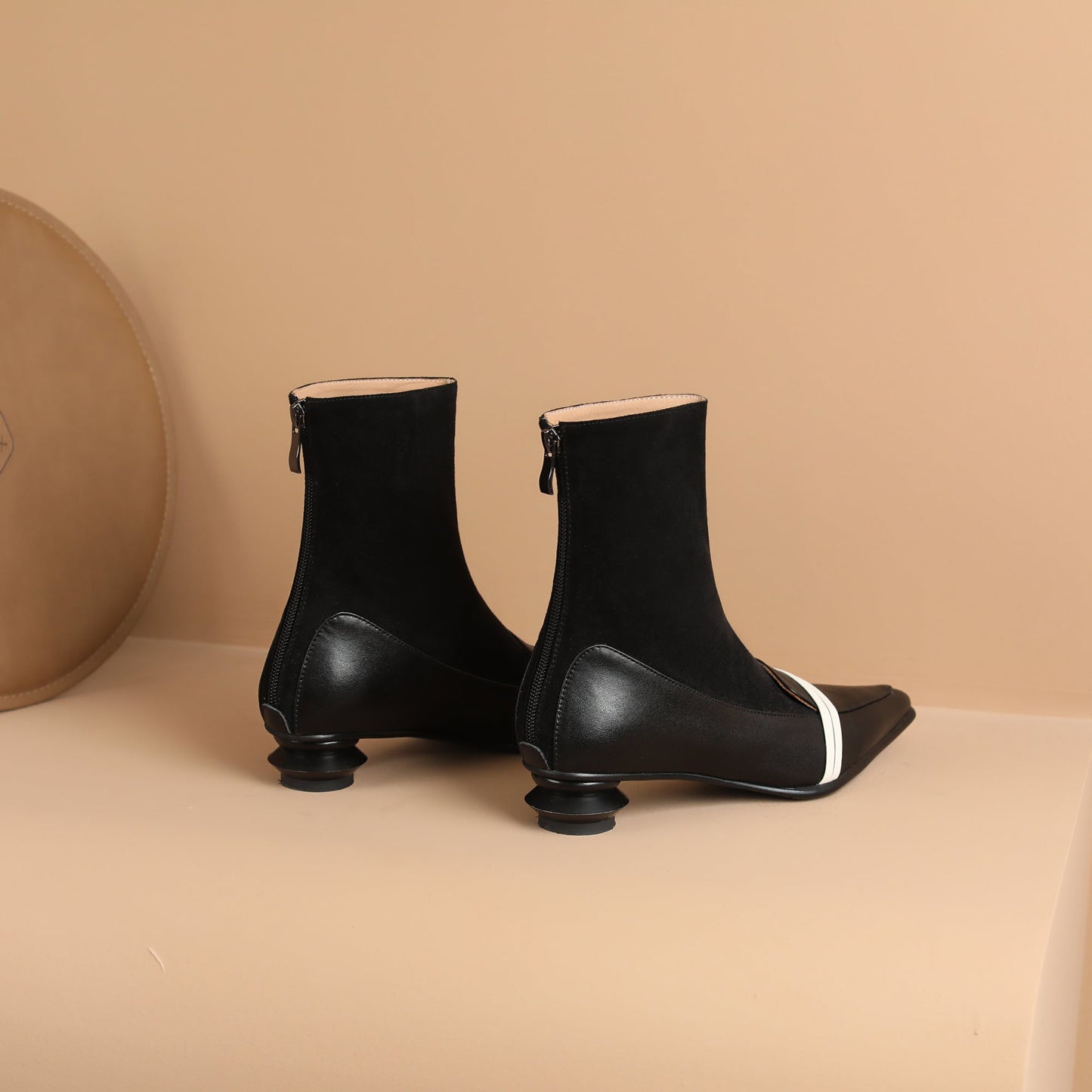 Nine Seven Handmade Women's Leather Patchwork Back Zipper Pointed Toe Low Cone Heel Mid Calf Boots