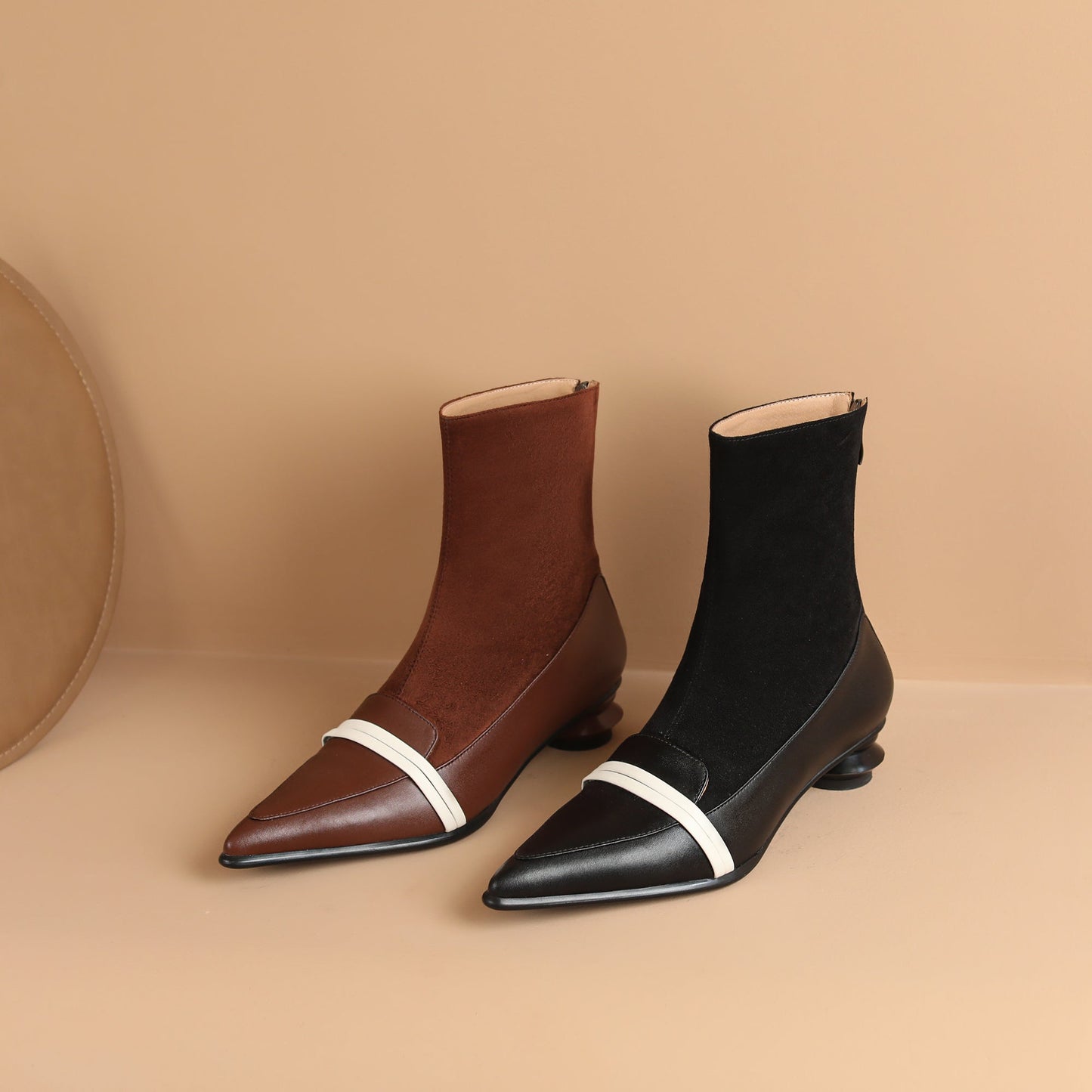 Nine Seven Handmade Women's Leather Patchwork Back Zipper Pointed Toe Low Cone Heel Mid Calf Boots