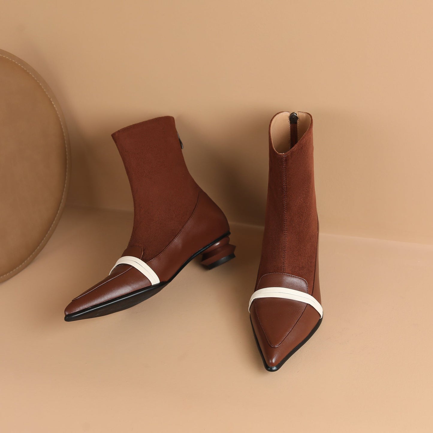 Nine Seven Handmade Women's Leather Patchwork Back Zipper Pointed Toe Low Cone Heel Mid Calf Boots