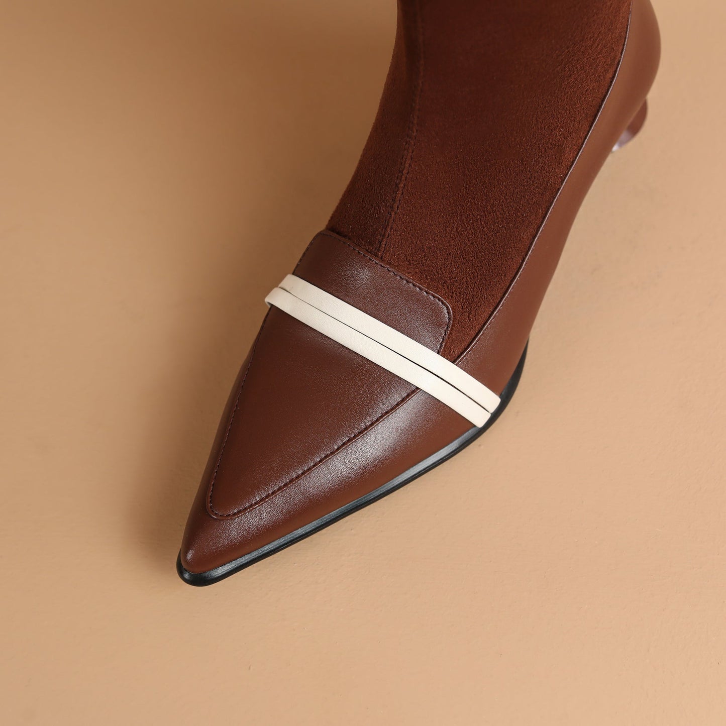 Nine Seven Handmade Women's Leather Patchwork Back Zipper Pointed Toe Low Cone Heel Mid Calf Boots