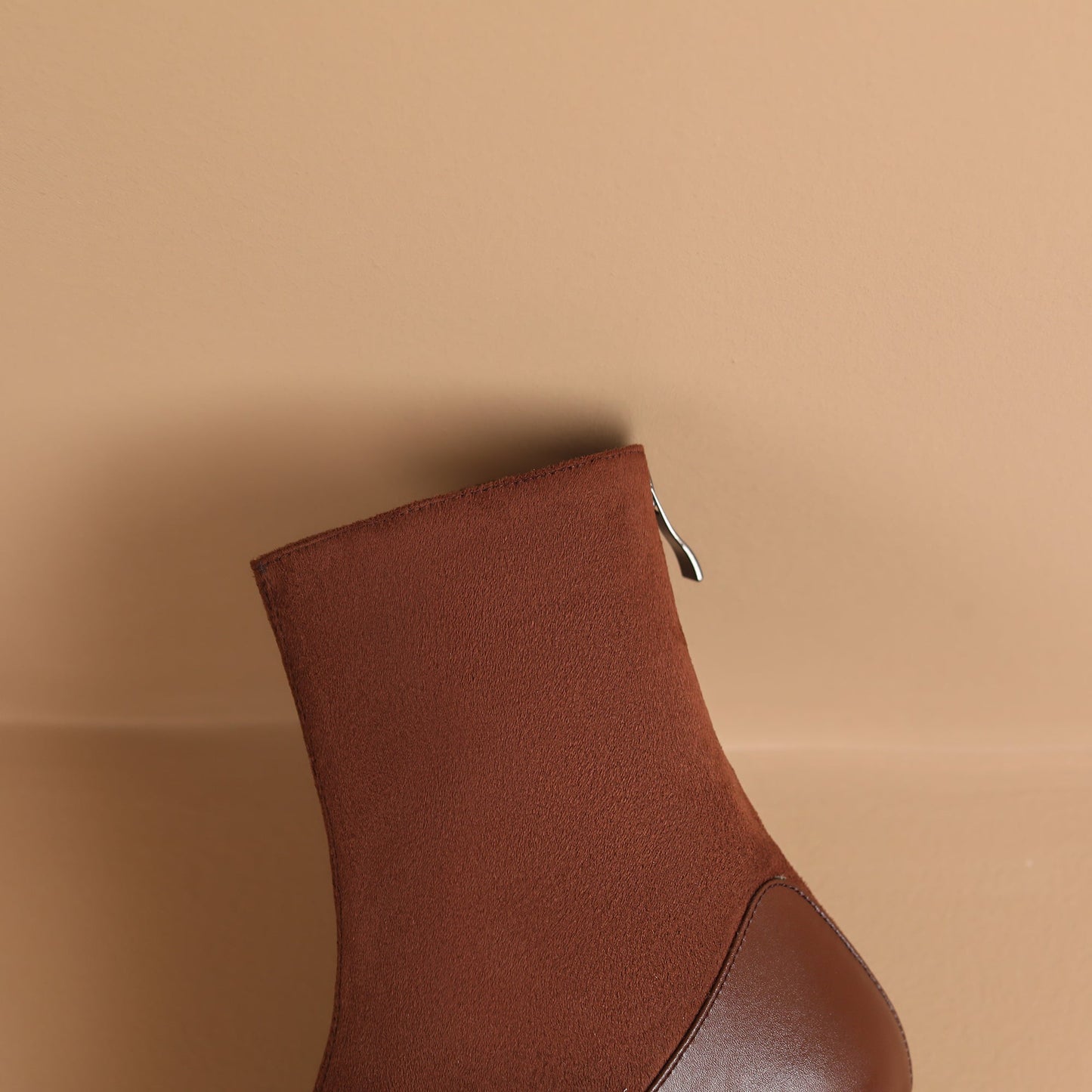 Nine Seven Handmade Women's Leather Patchwork Back Zipper Pointed Toe Low Cone Heel Mid Calf Boots