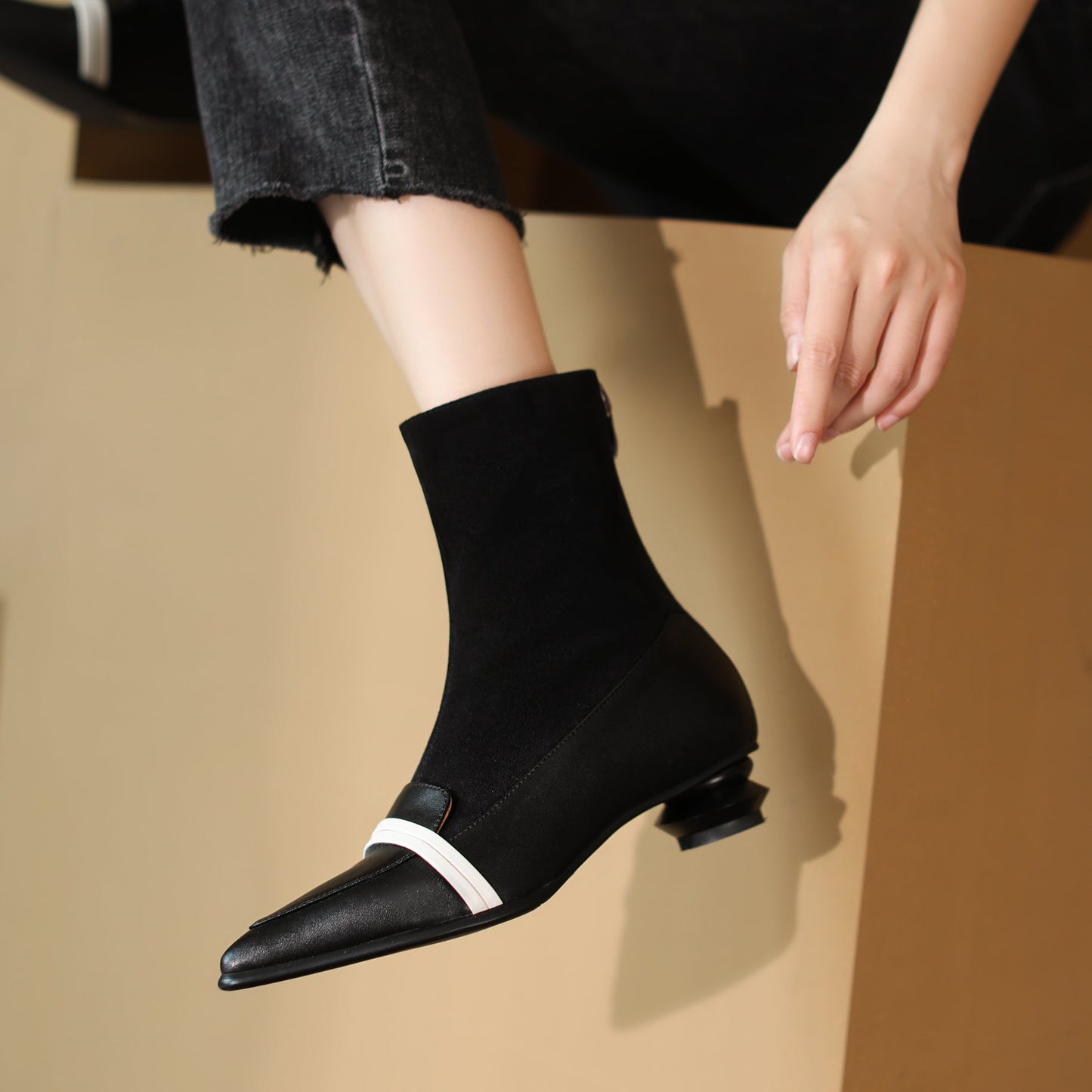 Nine Seven Handmade Women's Leather Patchwork Back Zipper Pointed Toe Low Cone Heel Mid Calf Boots